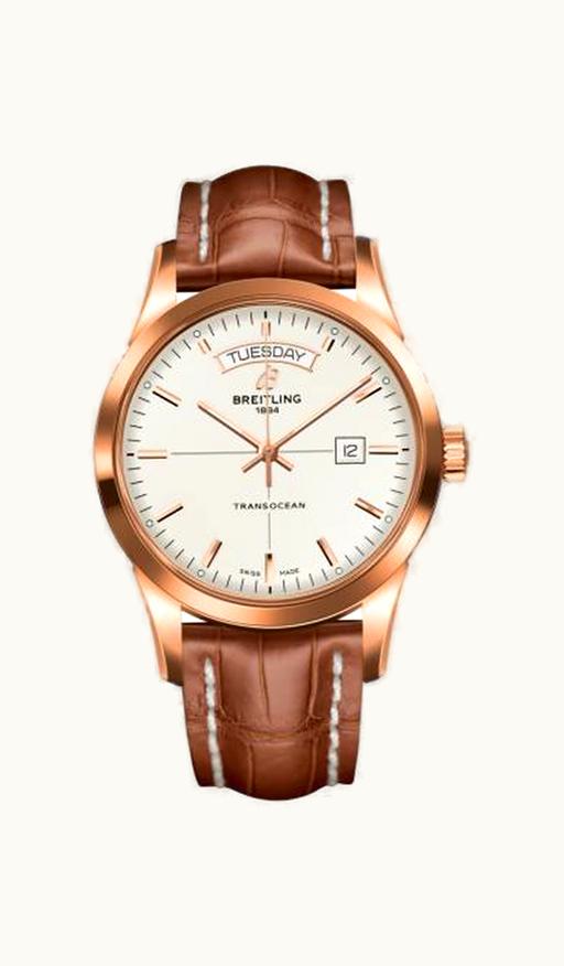 Breitling Transocean Day & Date Red Gold / Silver / Calf / Folding