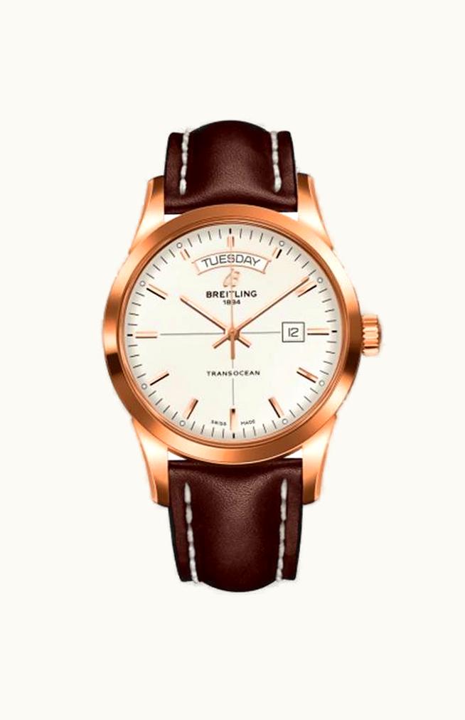 Breitling Transocean Day & Date Red Gold / Silver / Calf / Pin