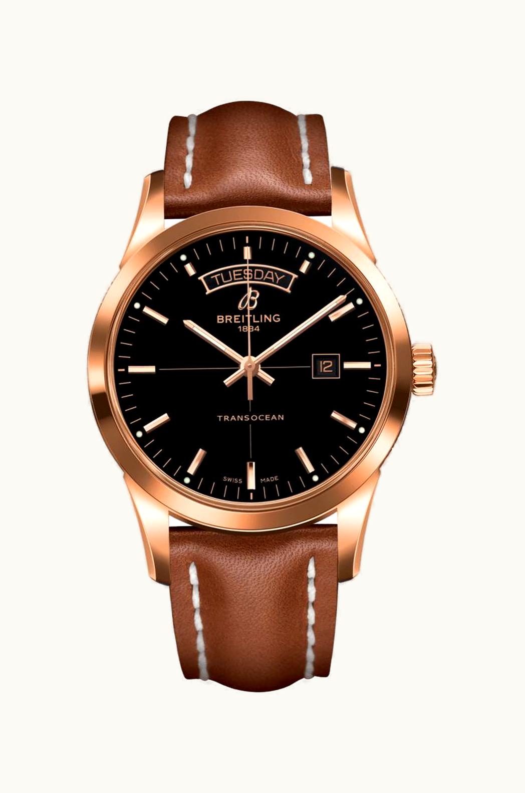 Breitling Transocean Day & Date Red Gold / Black / Calf / Folding