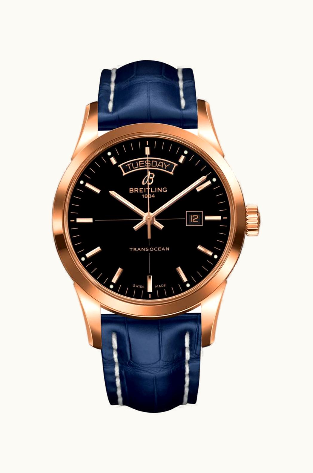 Breitling Transocean Day & Date Red Gold / Black / Croco / Folding