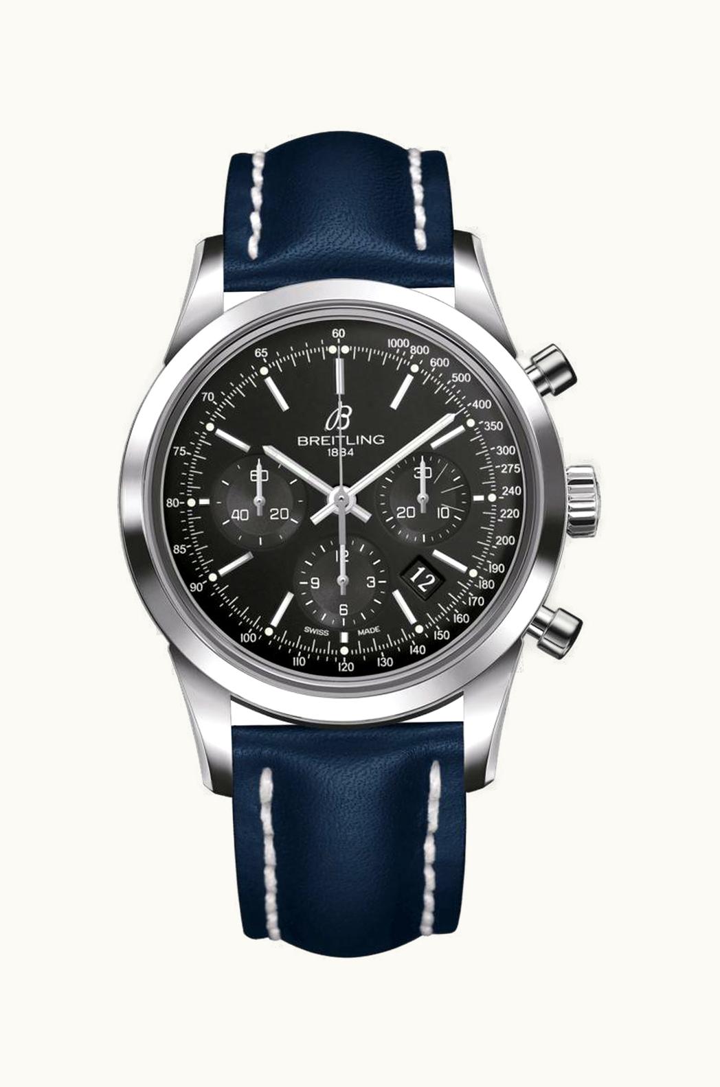Breitling Transocean Chronograph Stainless Steel / Black / Calf / Folding