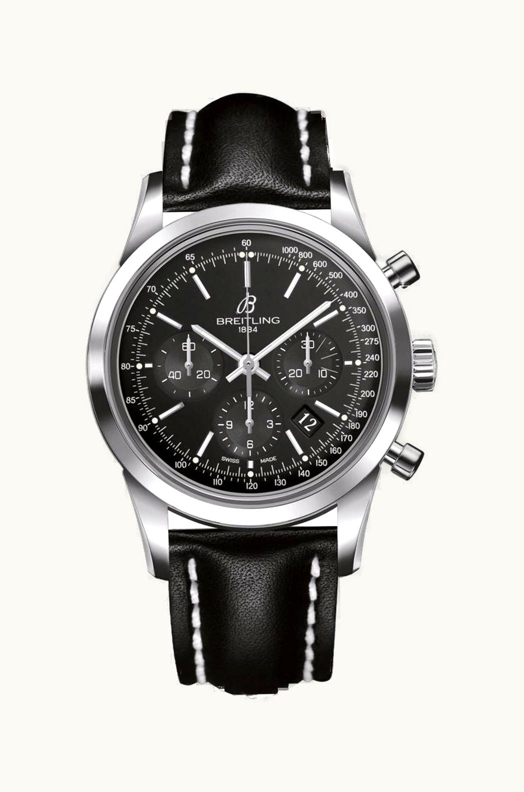 Breitling Transocean Chronograph Stainless Steel / Black / Calf / Folding