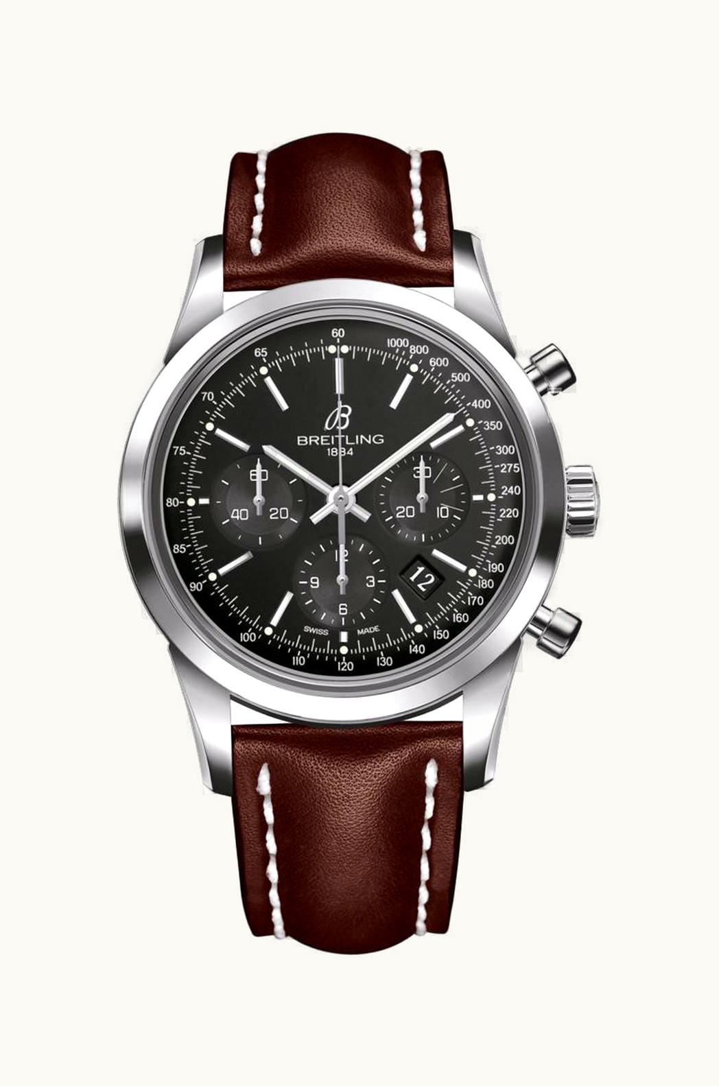 Breitling Transocean Chronograph Stainless Steel / Black / Calf / Folding