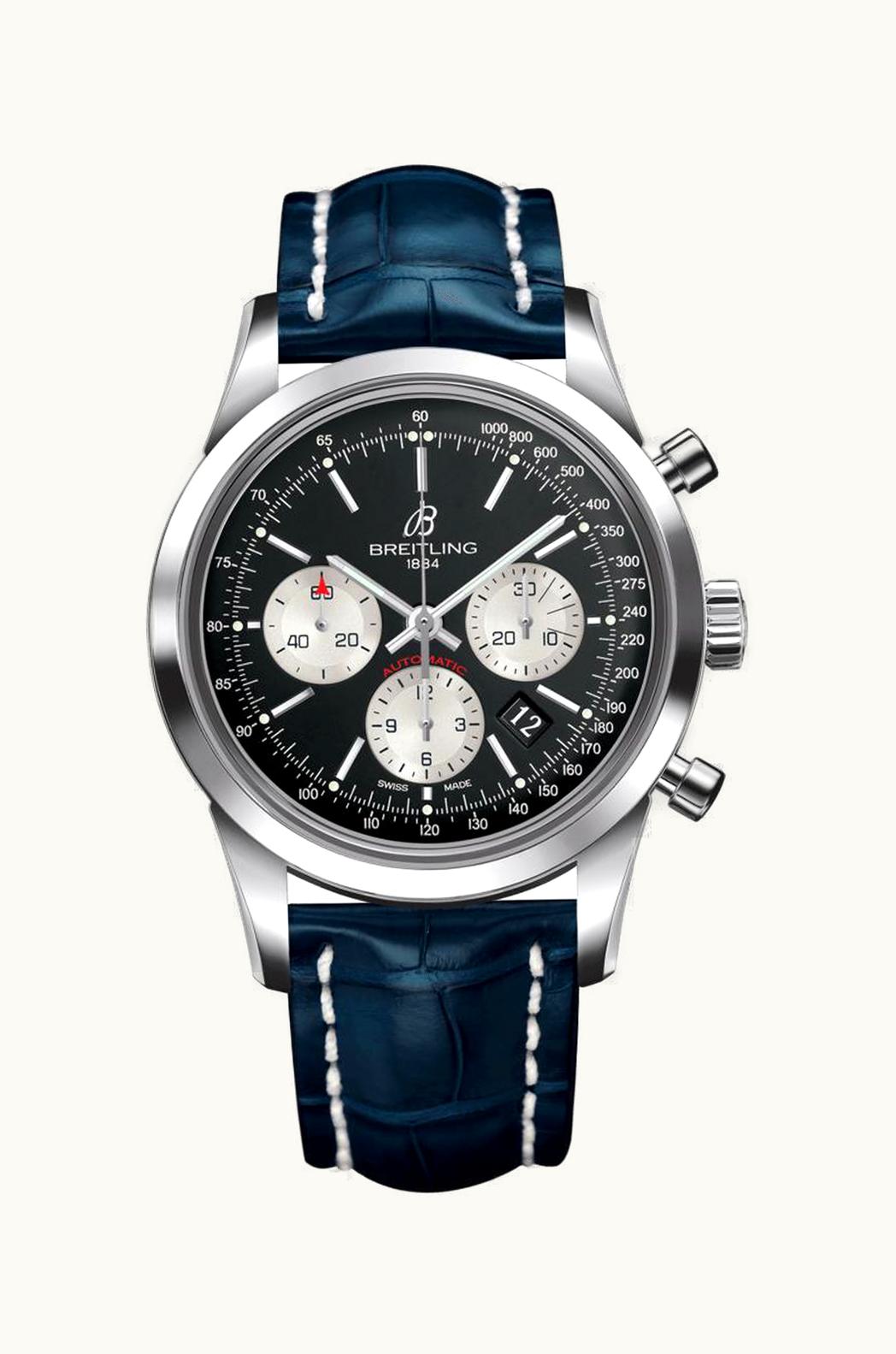 Breitling Transocean Chronograph Stainless Steel / Black / Croco / Folding