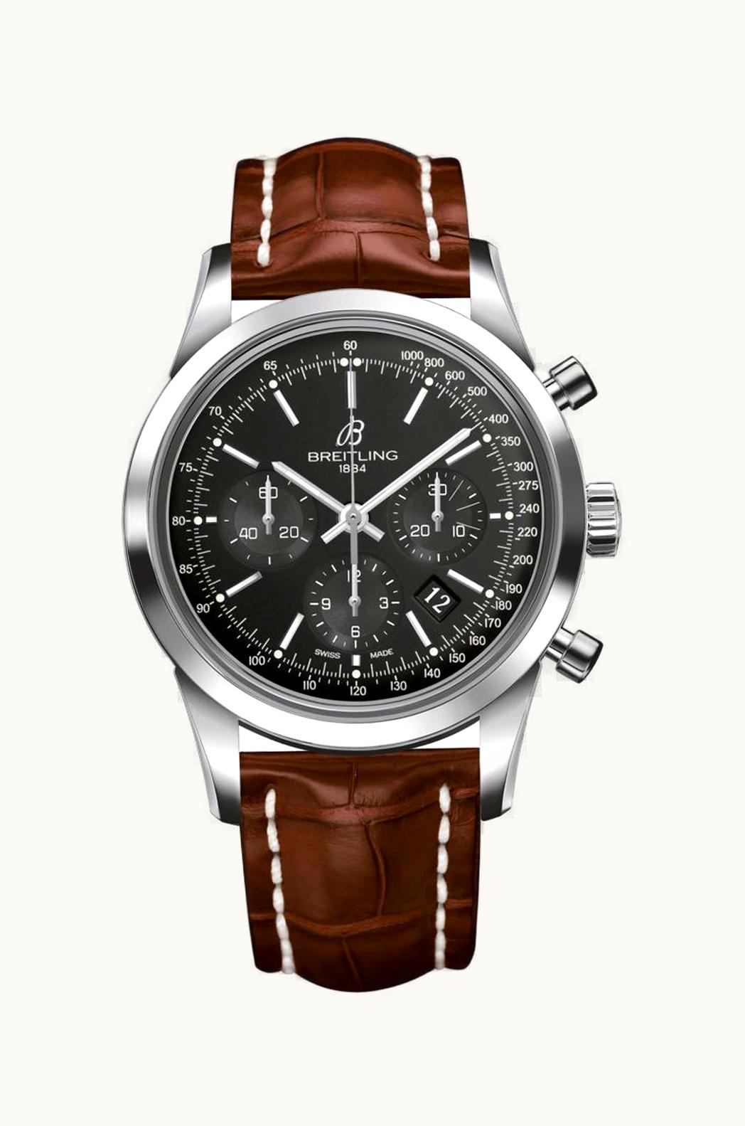 Breitling Transocean Chronograph Stainless Steel / Black / Croco / Folding