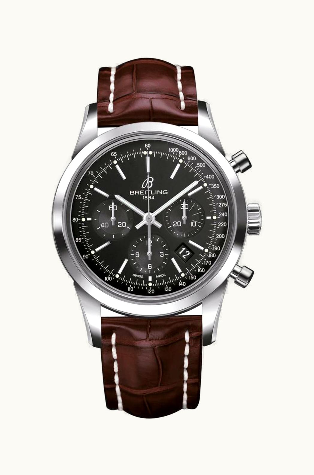 Breitling Transocean Chronograph Stainless Steel / Black / Croco / Pin