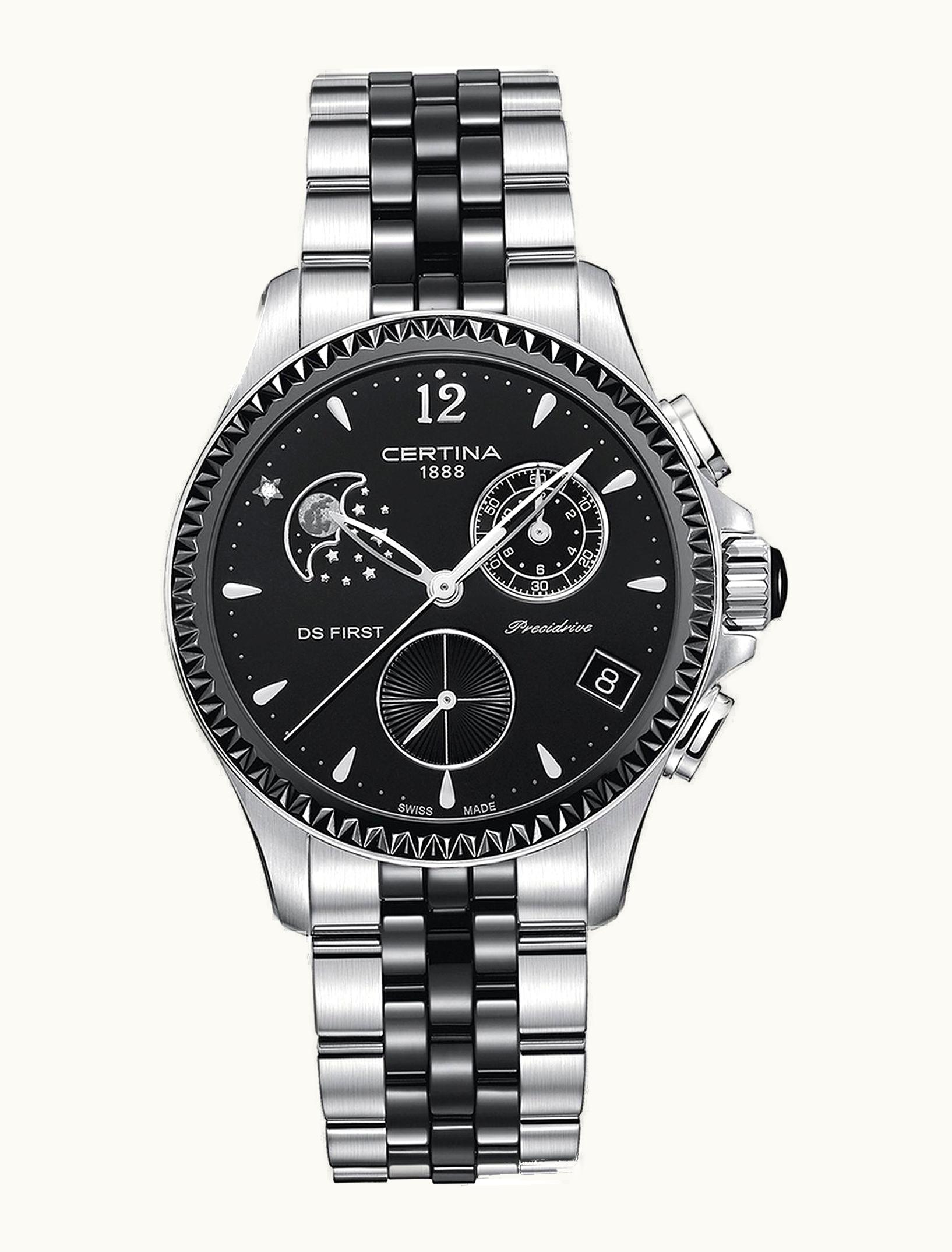 Certina Ds First Lady Chronograph Moon Phase Stainless Steel - Ceramic / Black / Bracelet