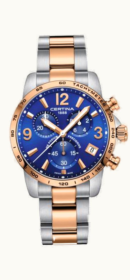 Certina DS Podium Chronograph 1/10 Sec Stainless Steel / Rose Gold PVD / Blue / Bracelet