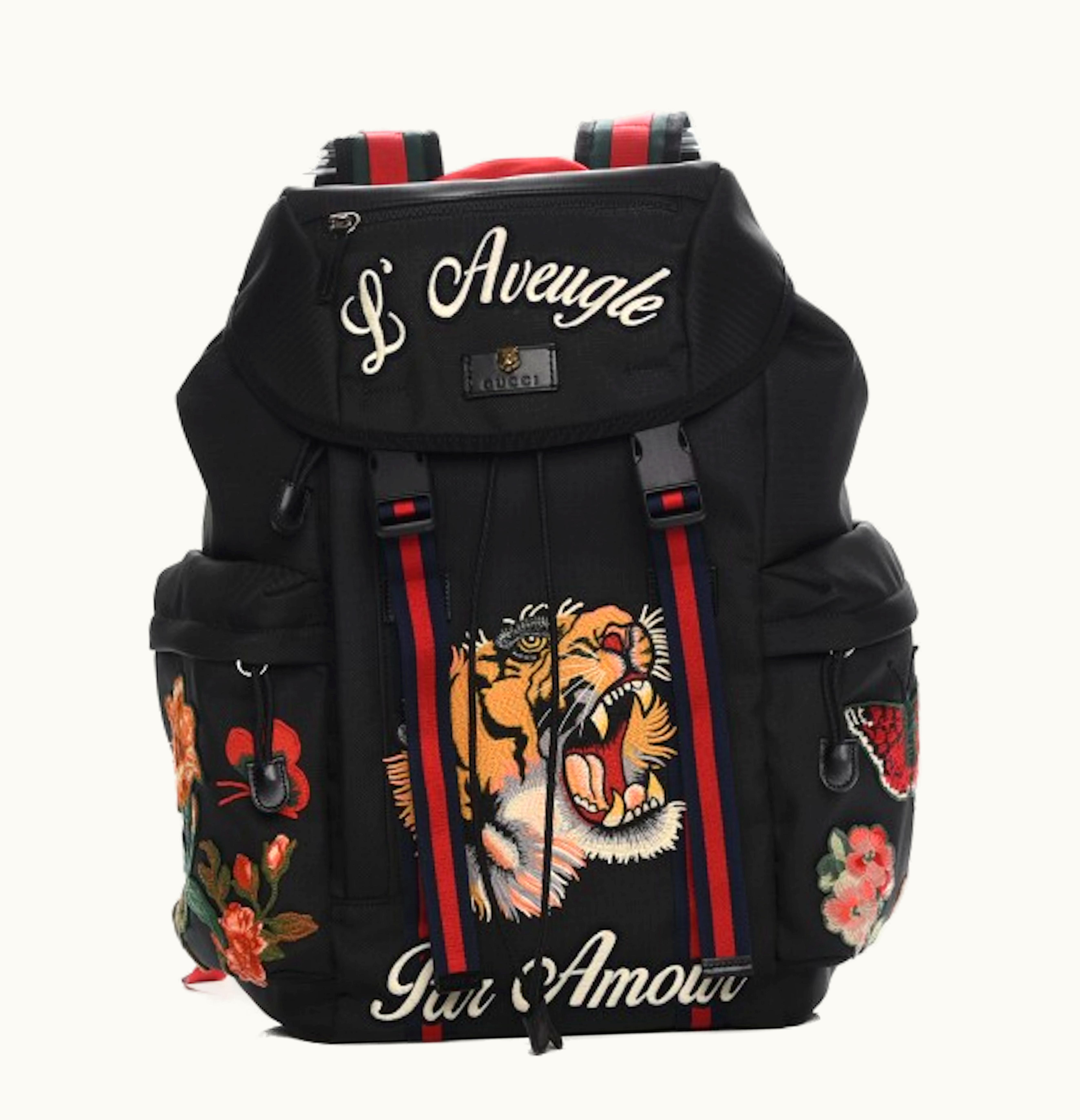 Gucci Gucci Drawstring Backpack Techno Canvas Web Embroidered Black