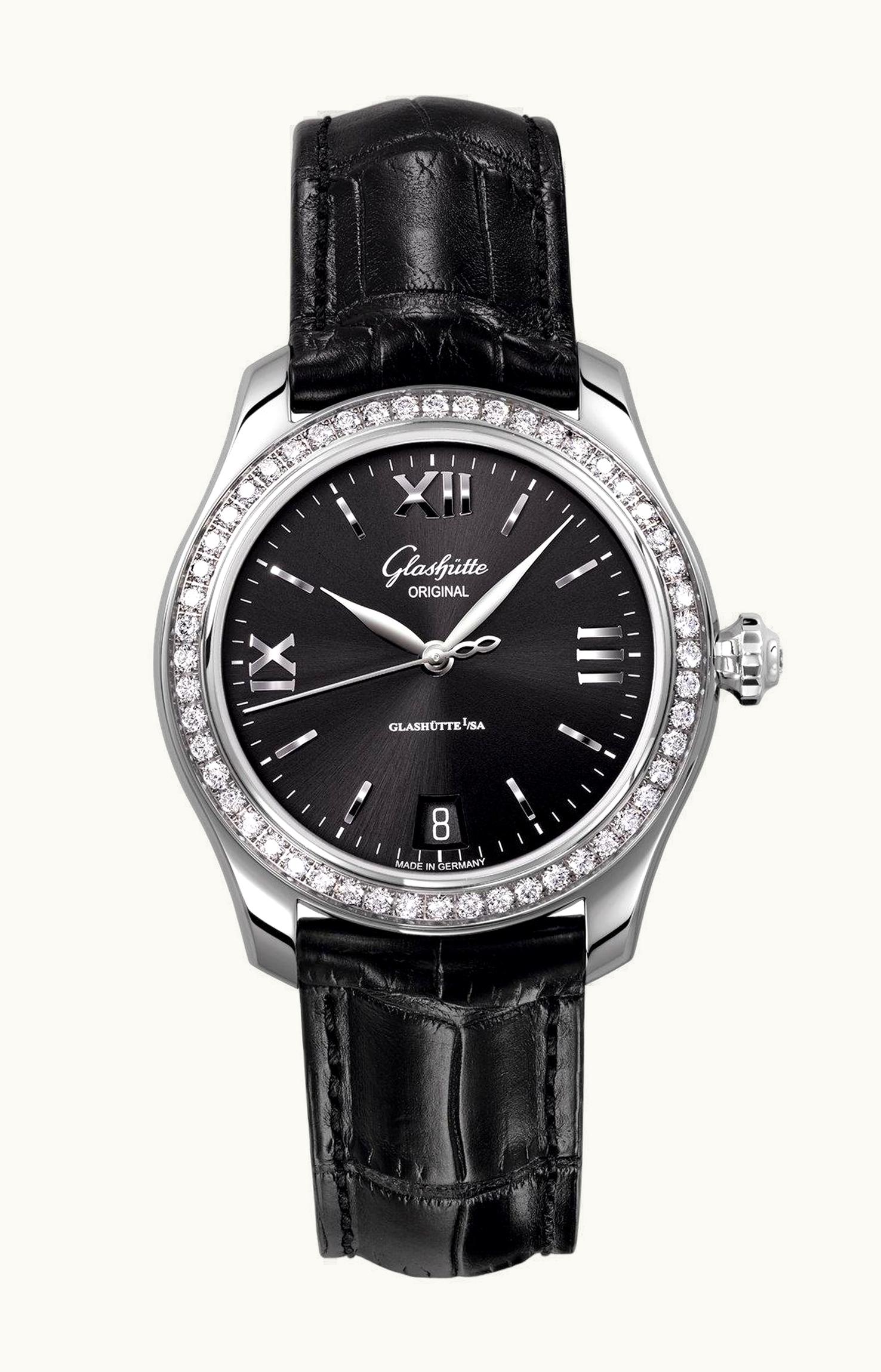 Glashütte Original Lady Serenade Stainless Steel / Diamond / Black / Alligator / Pin