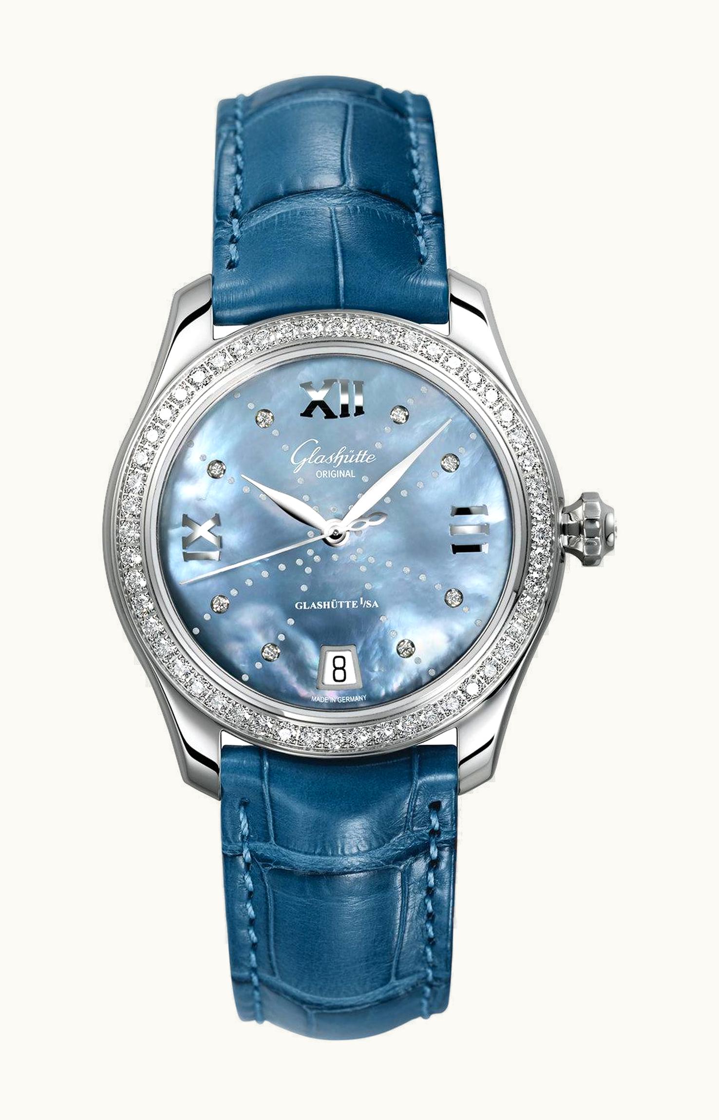 Glashütte Original Lady Serenade Stainless Steel / Diamond / Blue MOP - Index Line / Alligator / Folding