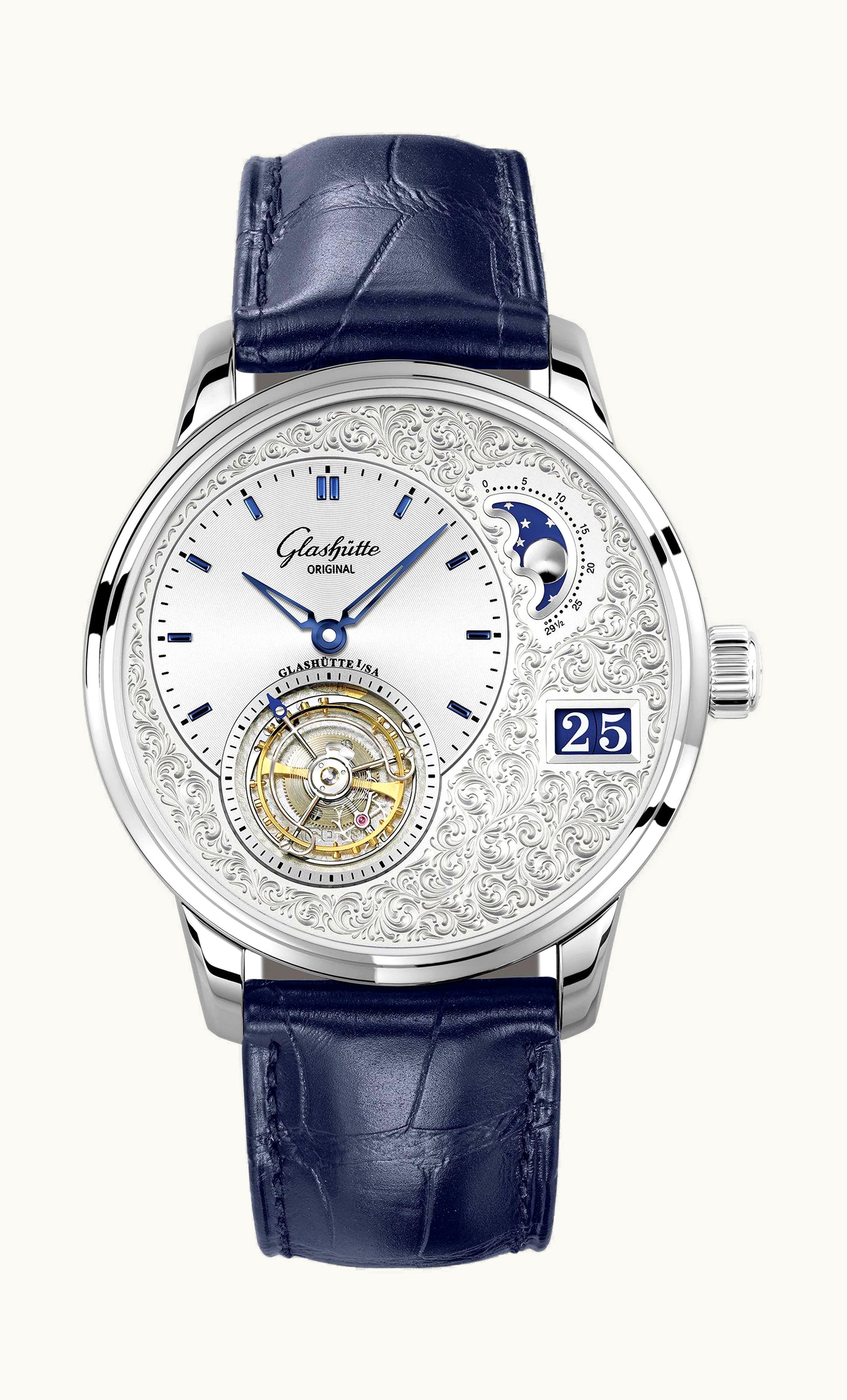 Glashütte Original PanoLunar Tourbillon Platinum / Hand-Engraved / Alligator / Folding