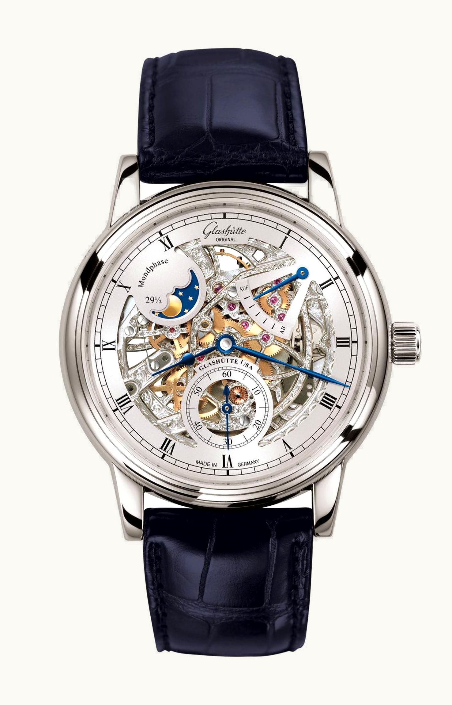 Glashütte Original Senator Moon Phase White Gold / Skeleton / Alligator / Pin