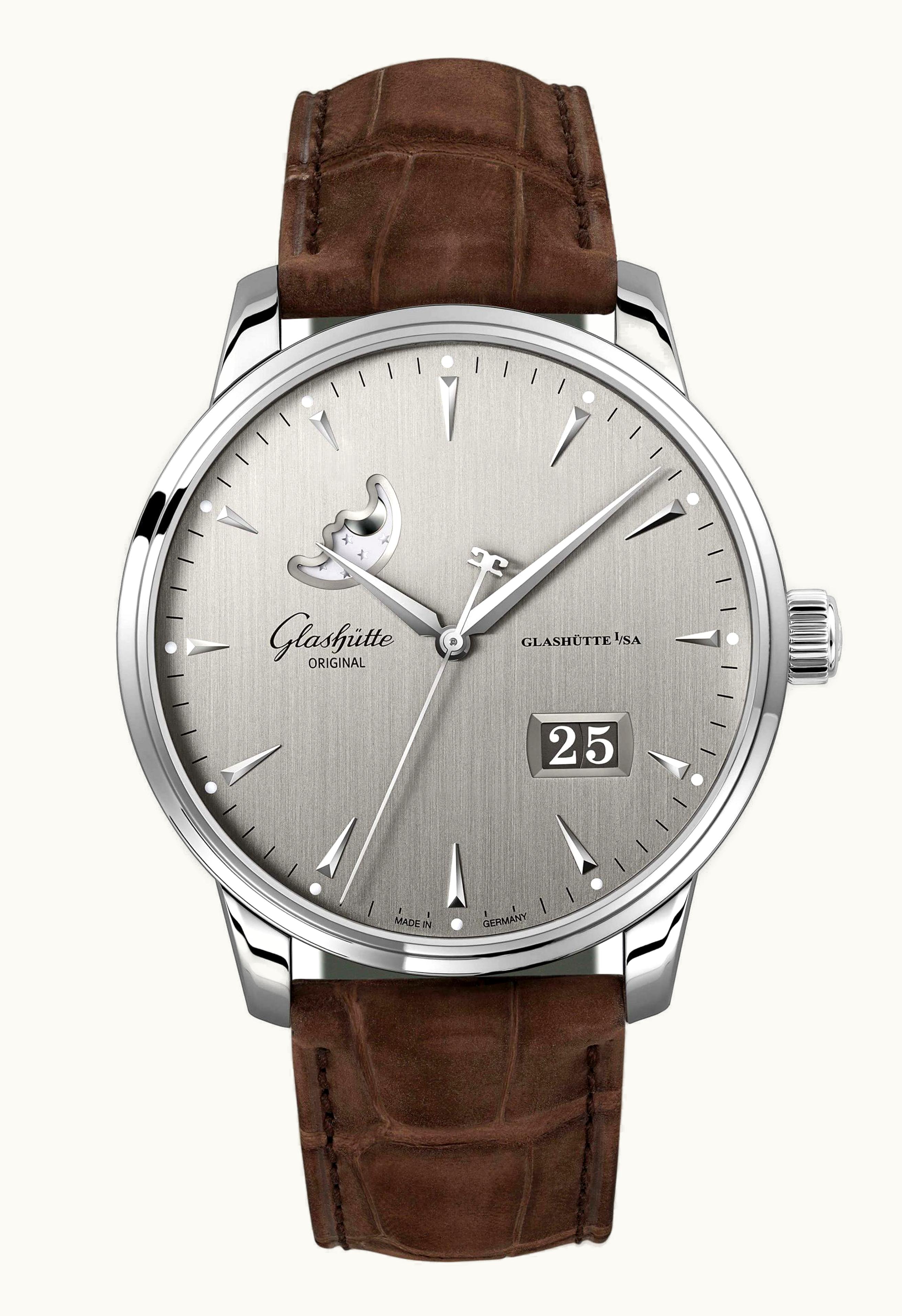 Glashütte Original Senator Excellence Panorama Date Moonphase Stainless Steel / Grey / Alligator / Folding