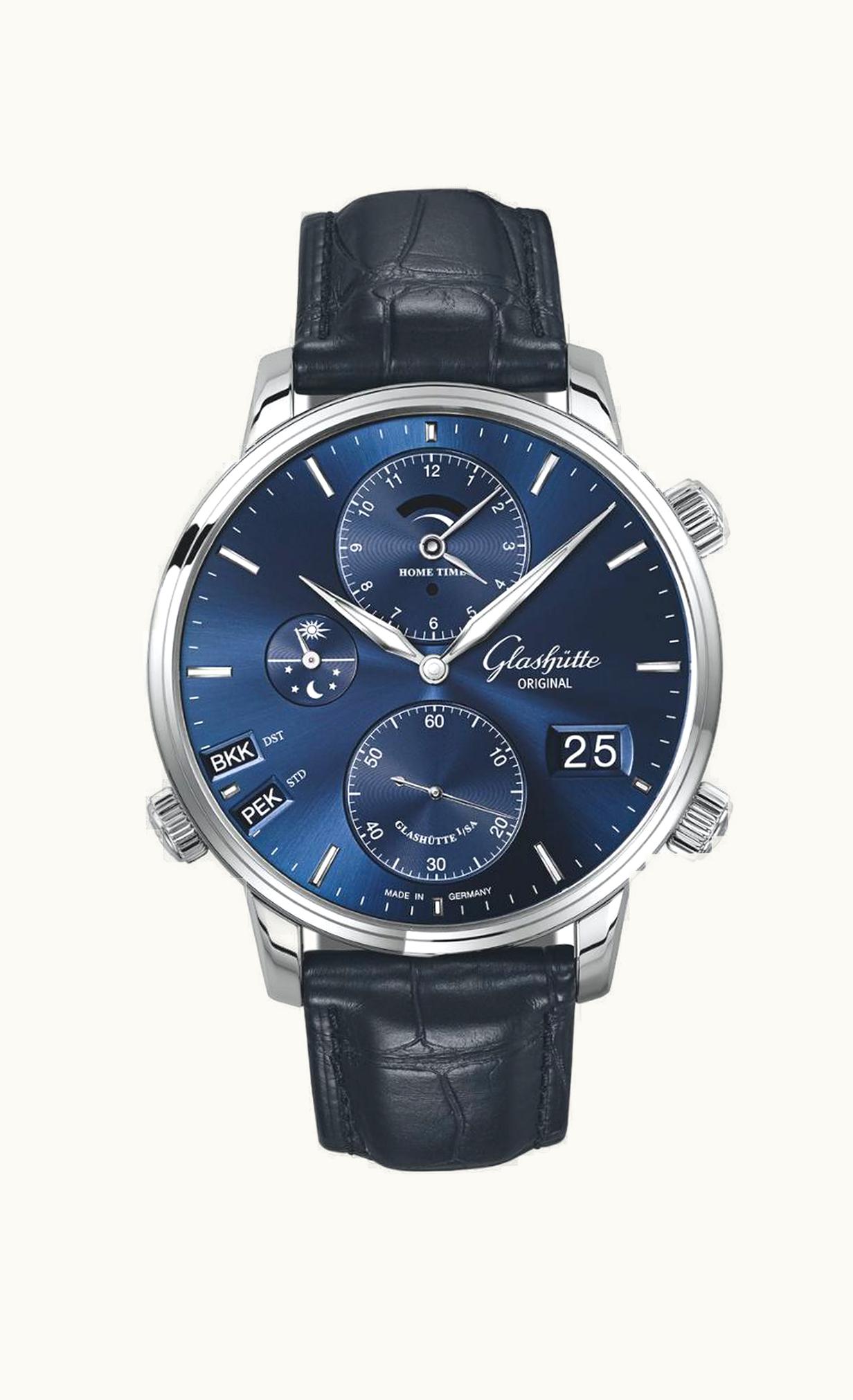 Glashütte Original Senator Cosmopolite Stainless Steel / Blue / Alligator / Pin