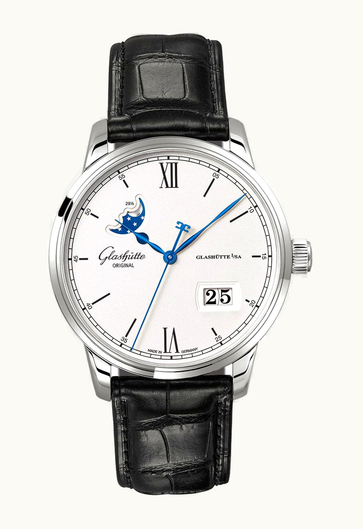 Glashütte Original Senator Excellence Panorama Date Moonphase Stainless Steel / Silver / Alligator / Pin