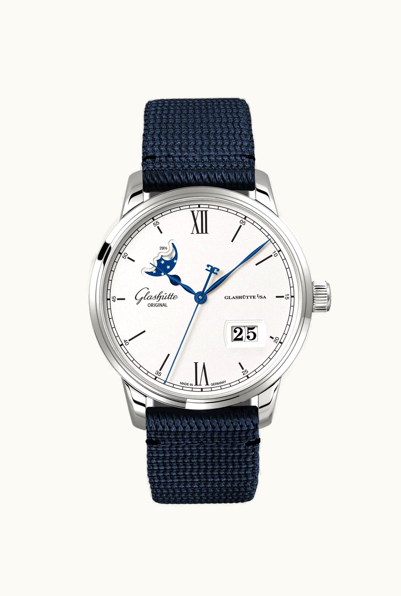 Glashütte Original Senator Excellence Panorama Date Moonphase Stainless Steel / Blue / Alligator / Pin