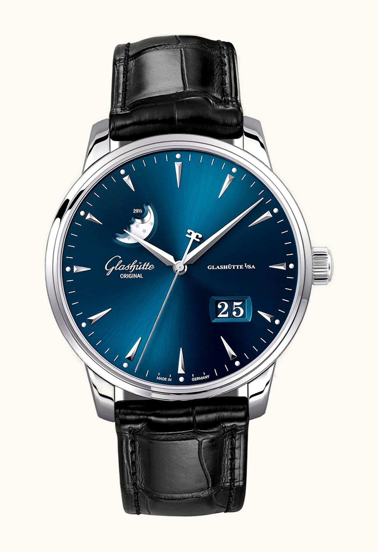 Glashütte Original Senator Excellence Panorama Date Moonphase Stainless Steel / Blue / Alligator / Folding