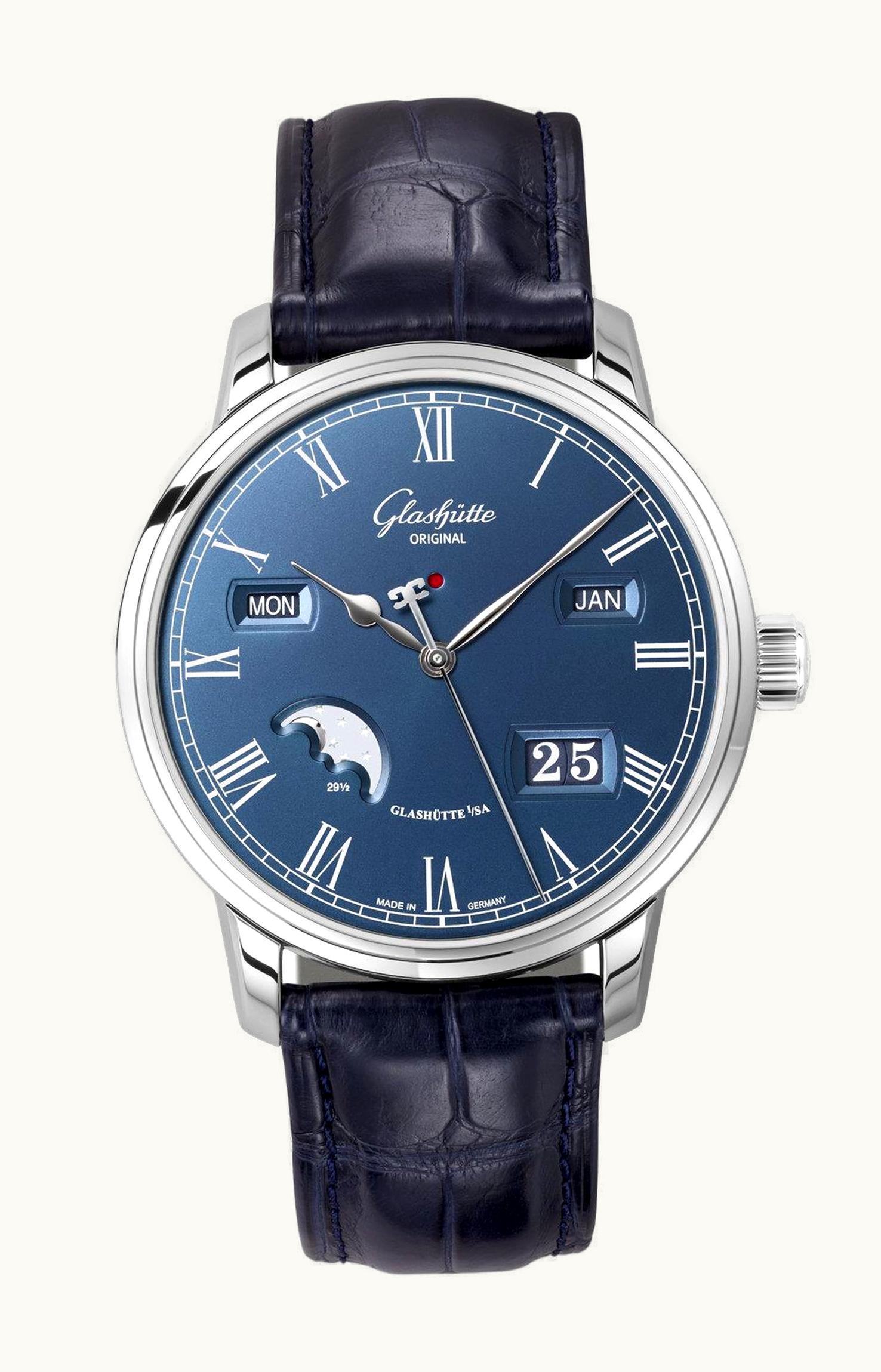 Glashütte Original Senator Perpetual Calendar Stainless Steel / Blue / Alligator / Pin