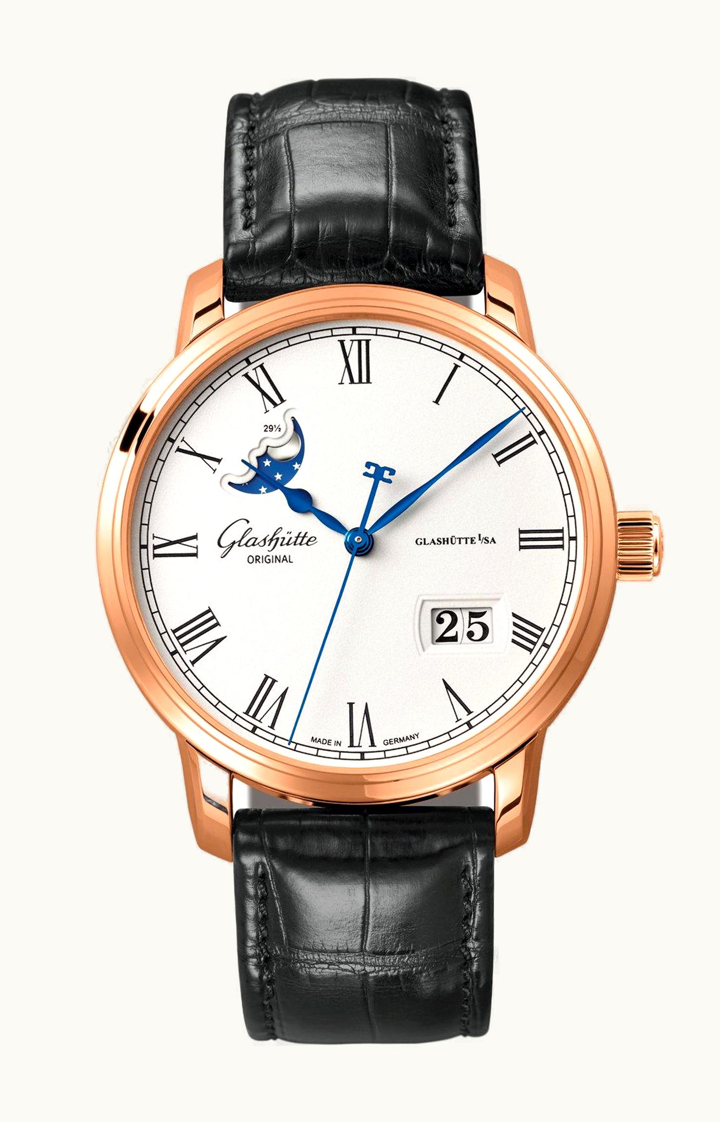 Glashütte Original Senator Panorama Date Moon Phase Red Gold / Silver / Alligator / Pin