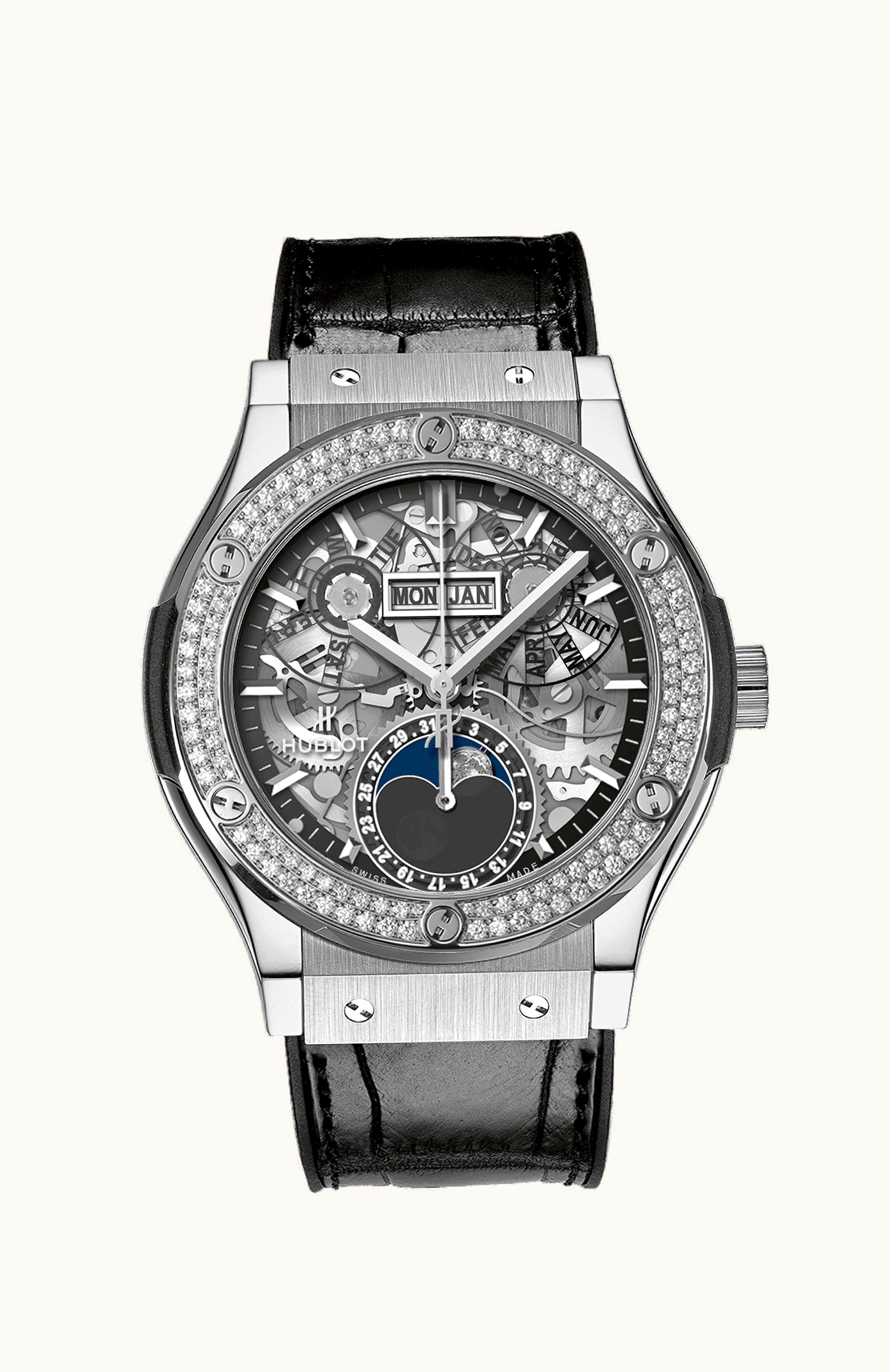 Hublot Classic Fusion Aerofusion Moonphase Titanium - Diamond / Alligator