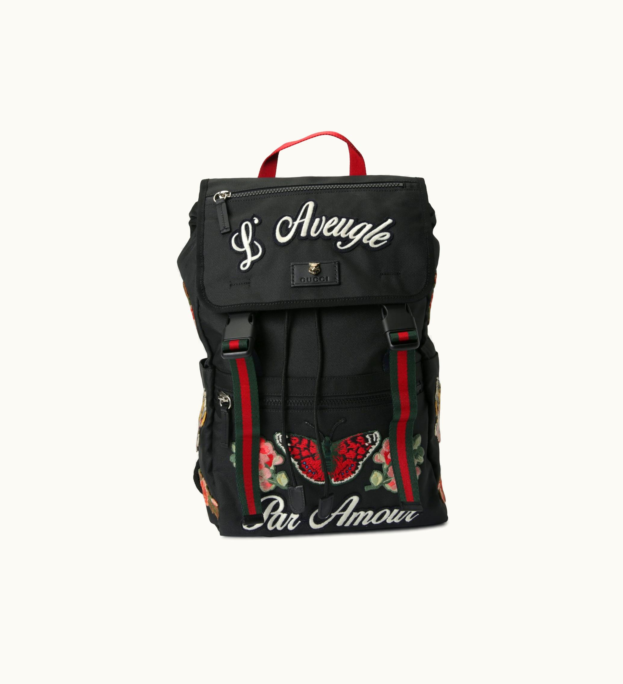 Gucci Gucci Backpack L Aveugle Par Amour Embroidered Web Strap Black