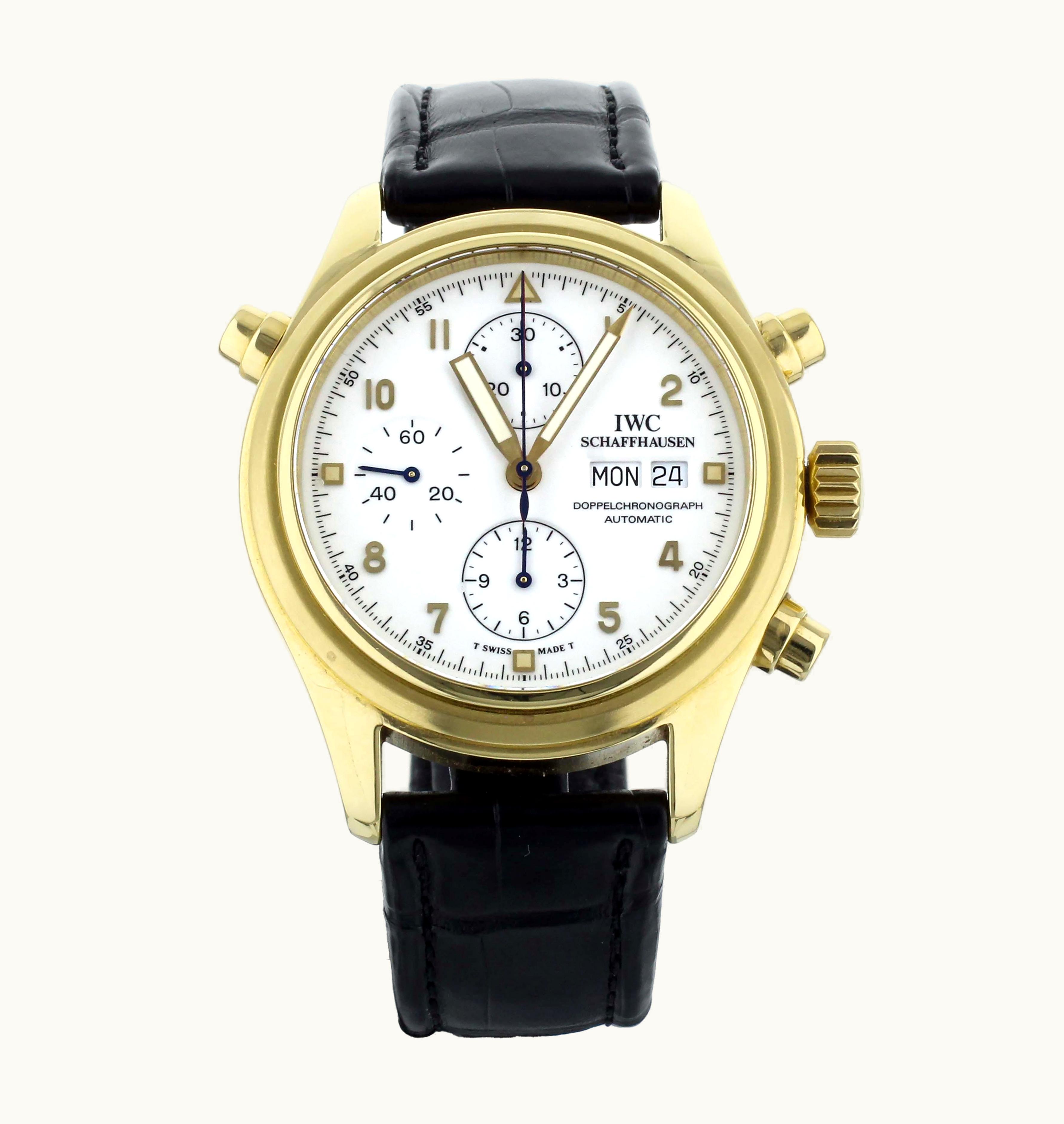 IWC Pilot's Watch Doppelchronograph Yellow Gold / White / German / Strap