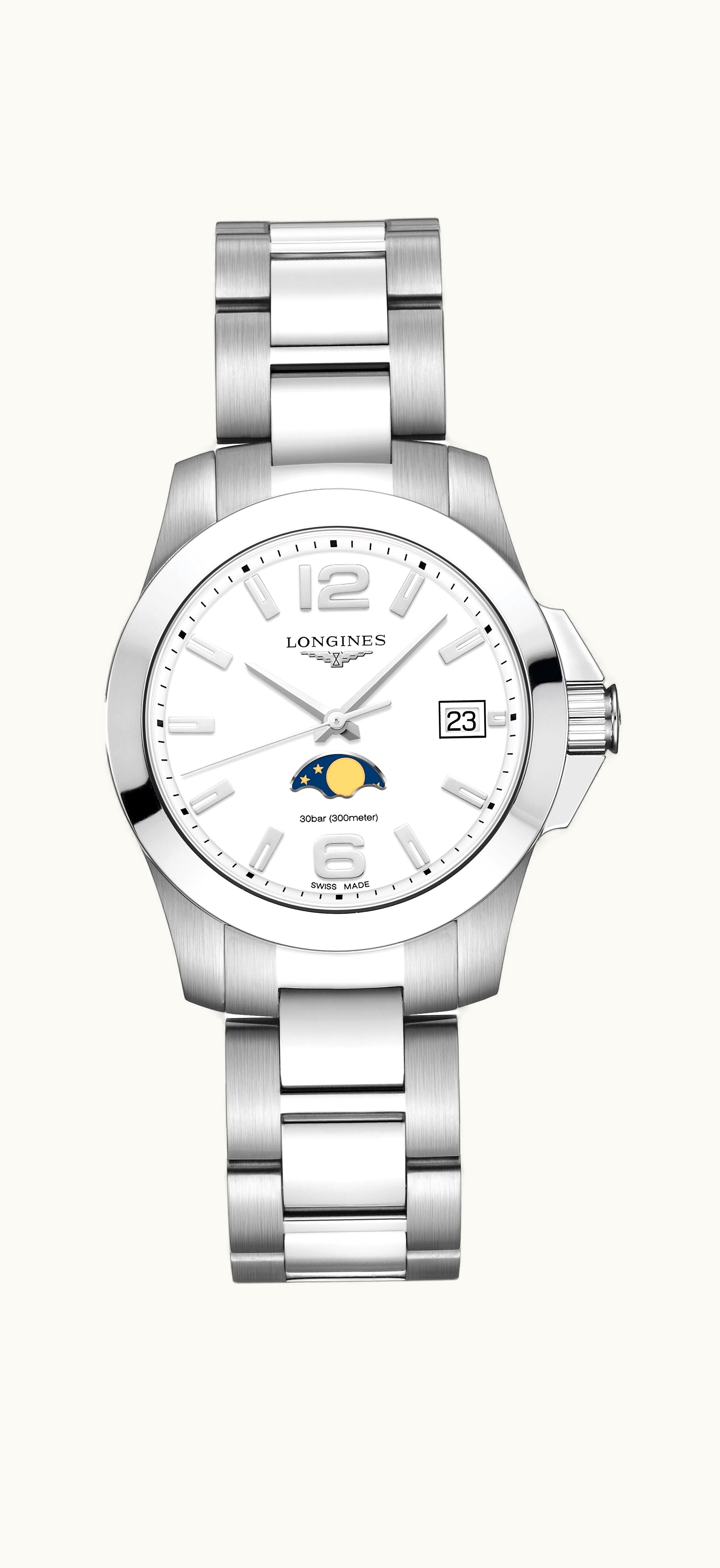 Longines Conquest 34 Quartz Moonphase Stainless Steel / White / Bracelet