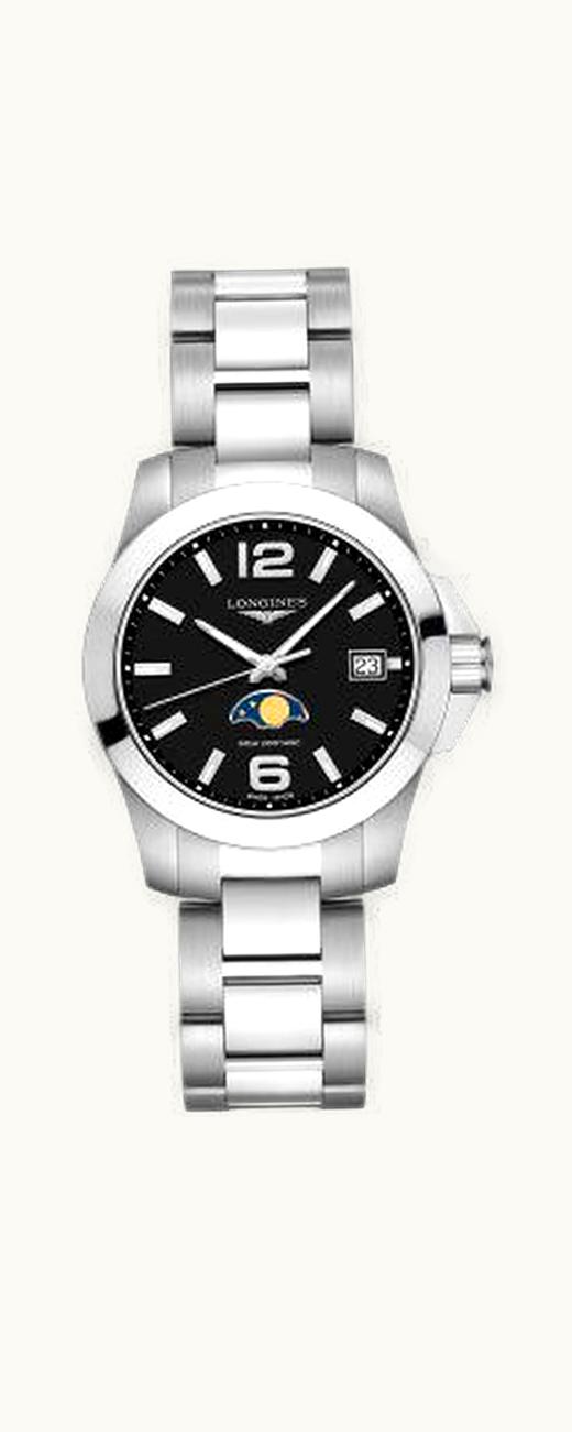 Longines Conquest 34 Quartz Moonphase Stainless Steel / Black / Bracelet