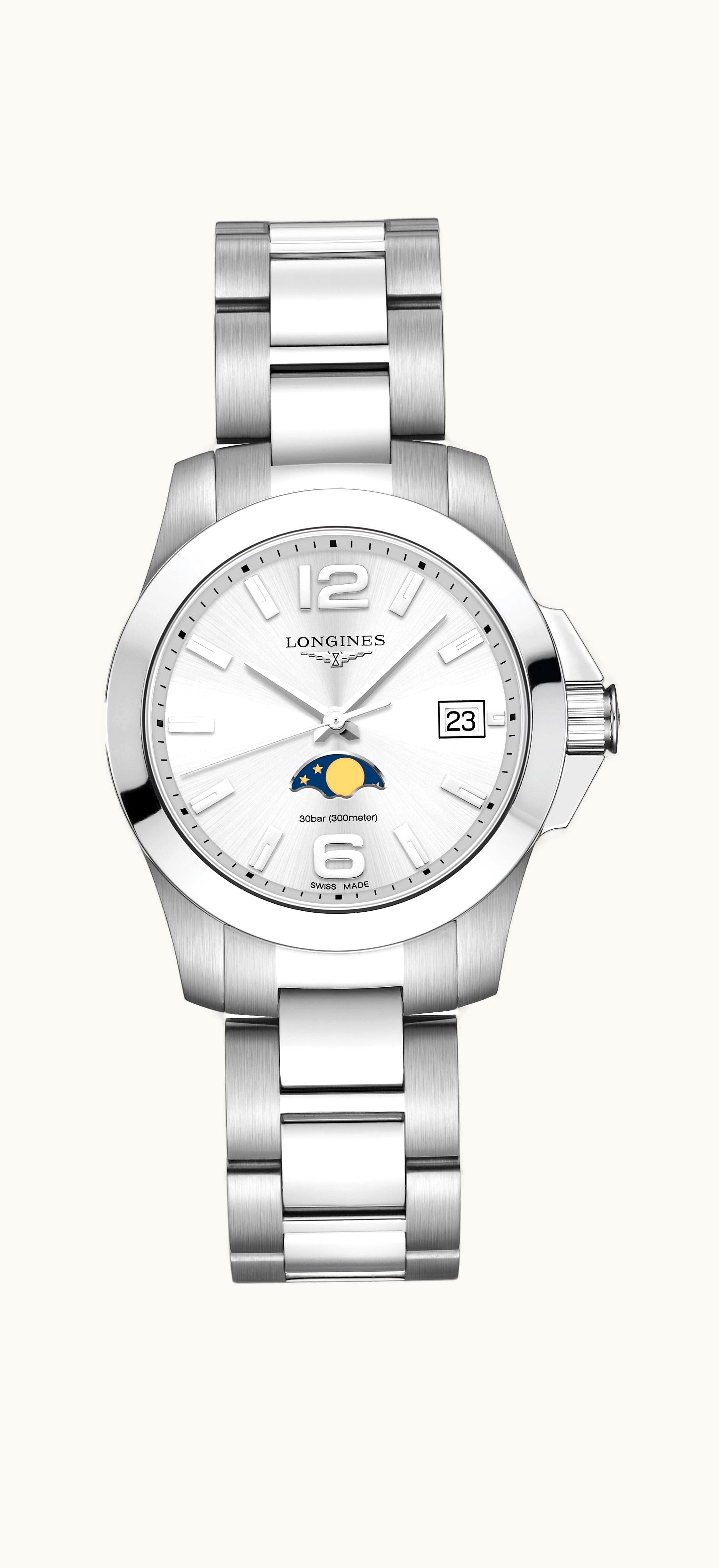 Longines Conquest 34 Quartz Moonphase Stainless Steel / Silver / Bracelet