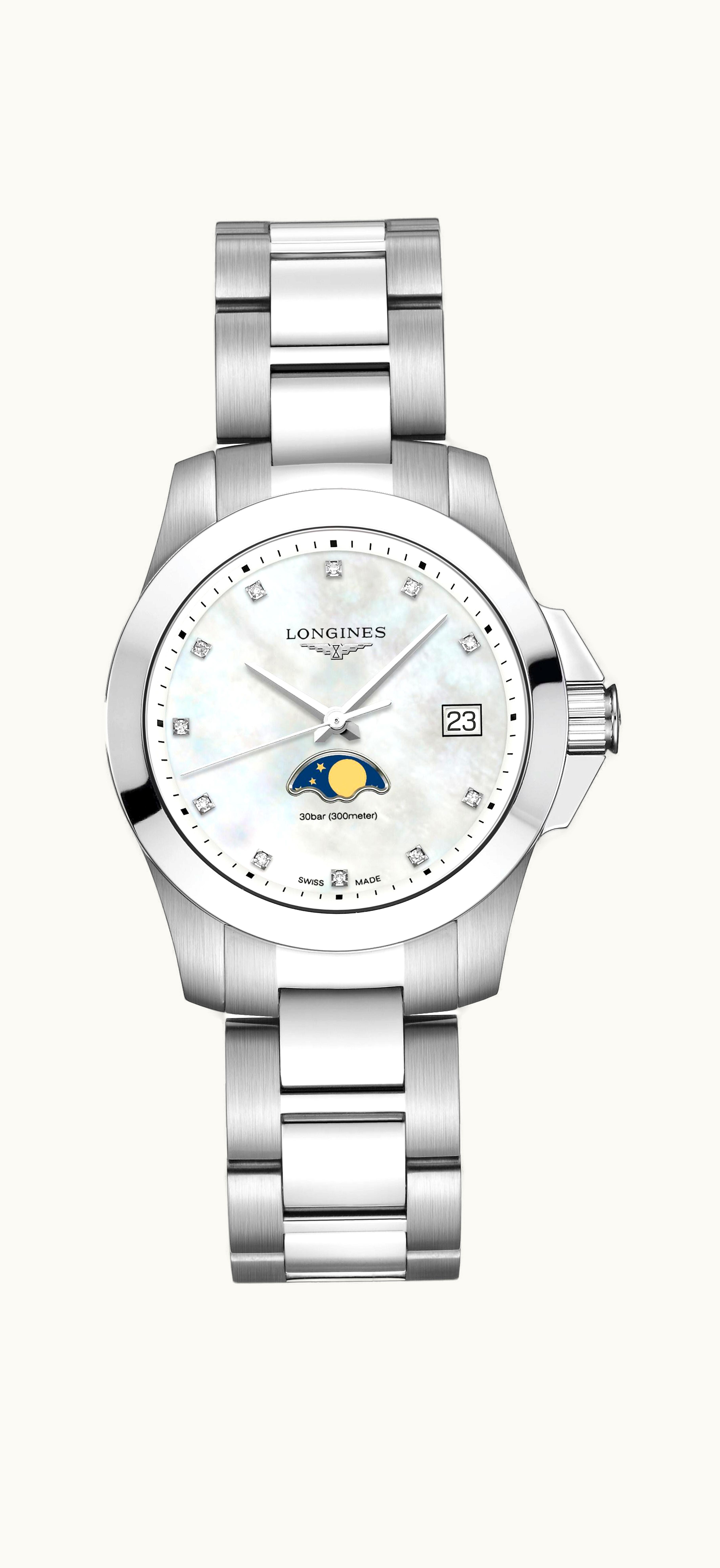 Longines Conquest 34 Quartz Moonphase Stainless Steel / MOP / Bracelet