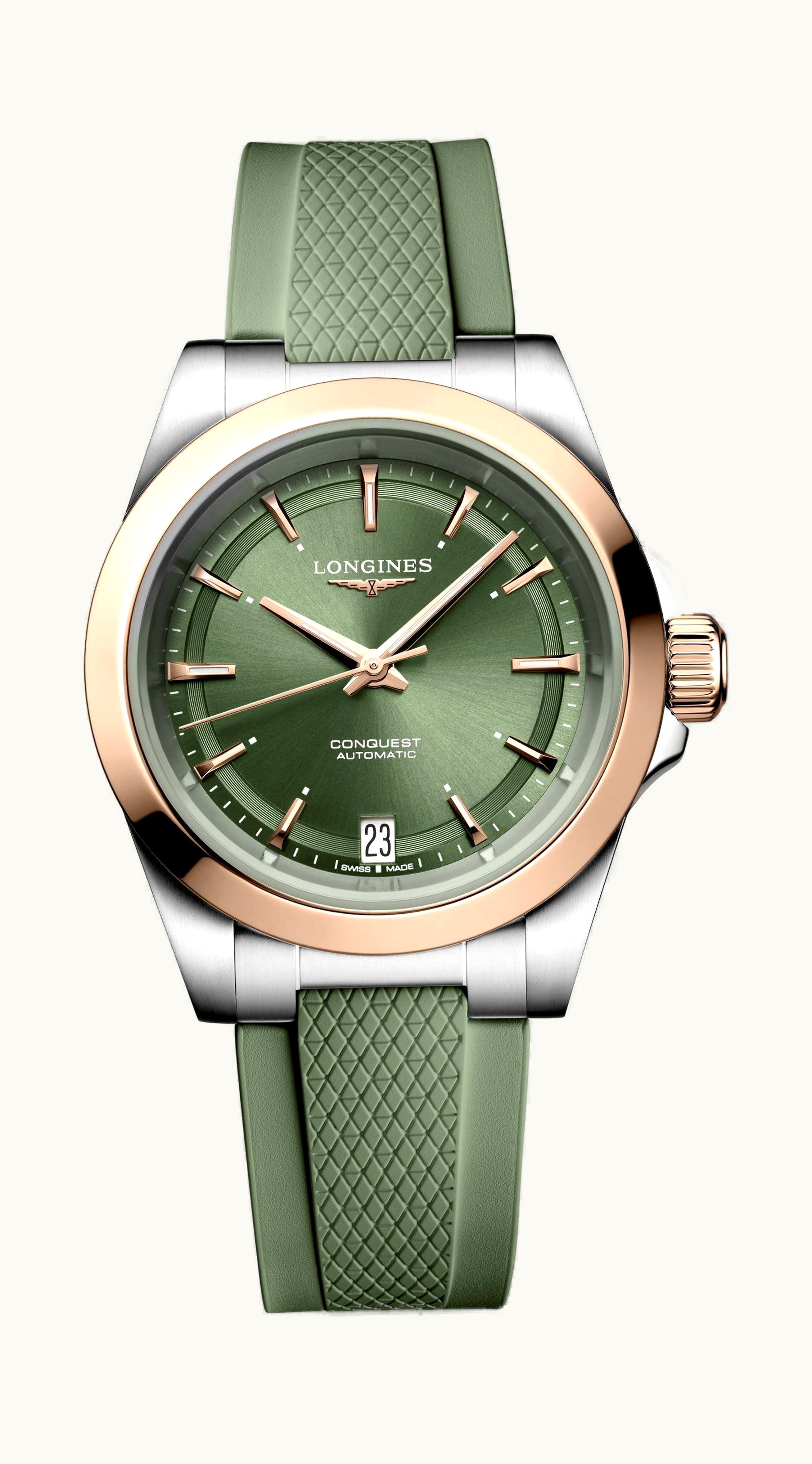 Longines Conquest 34 Stainless Steel - Pink Gold / Green / Rubber