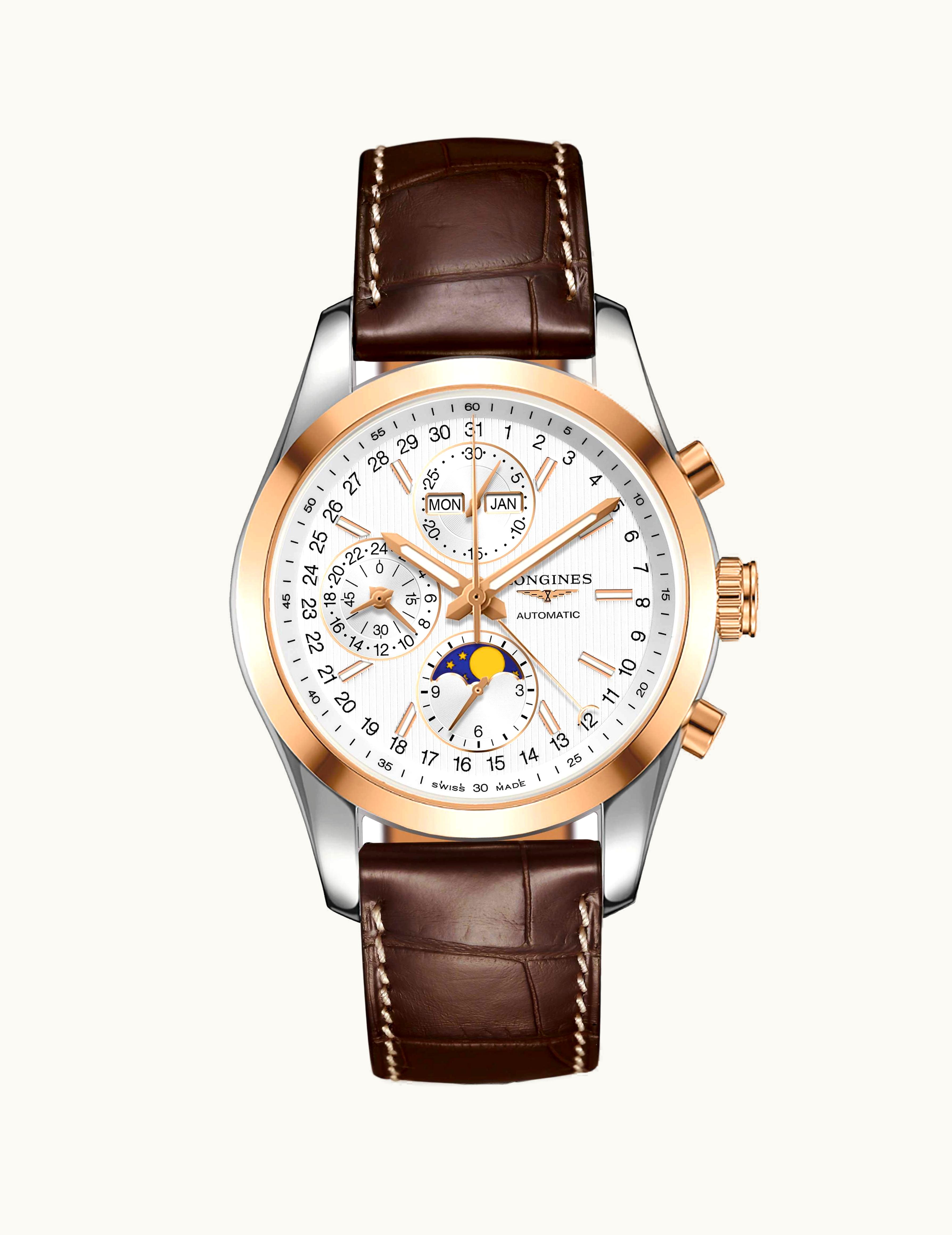 Longines Conquest Classic Moonphase Stainless Steel - Red Gold / Silver