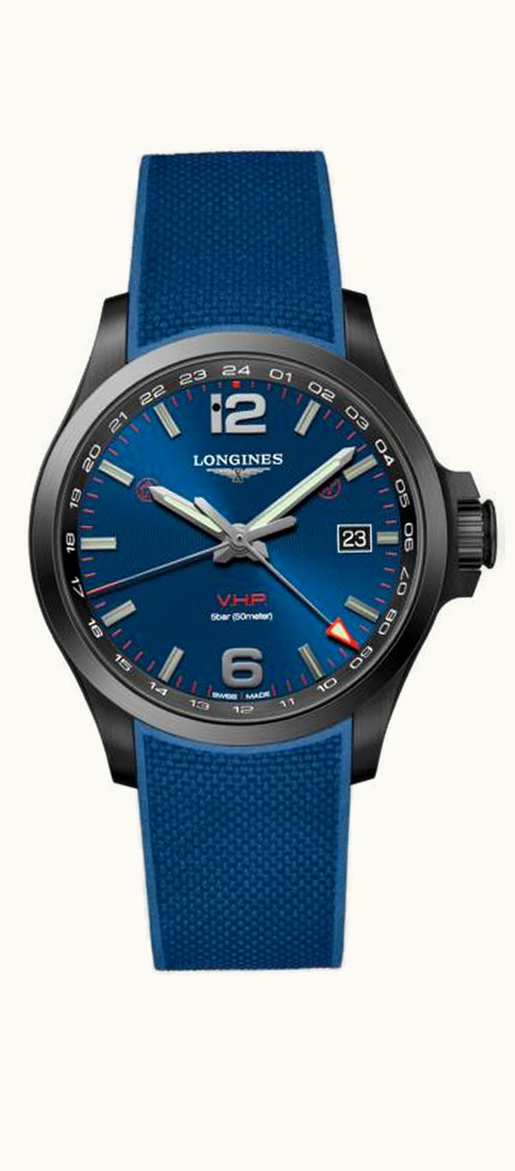 Longines Conquest V.H.P. GMT 43 PVD / Blue / Rubber