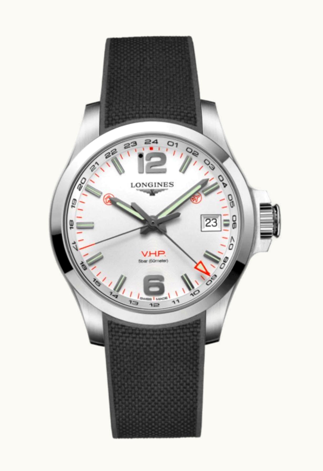 Longines Conquest V.H.P. GMT 41 Stainless Steel / Silver / Rubber
