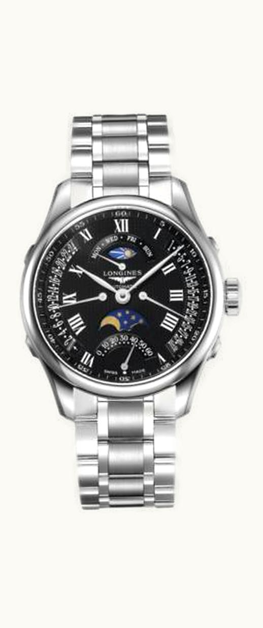 Longines Master Collection 41 Retrograde Moonphase Stainless Steel / Black-Roman / Bracelet