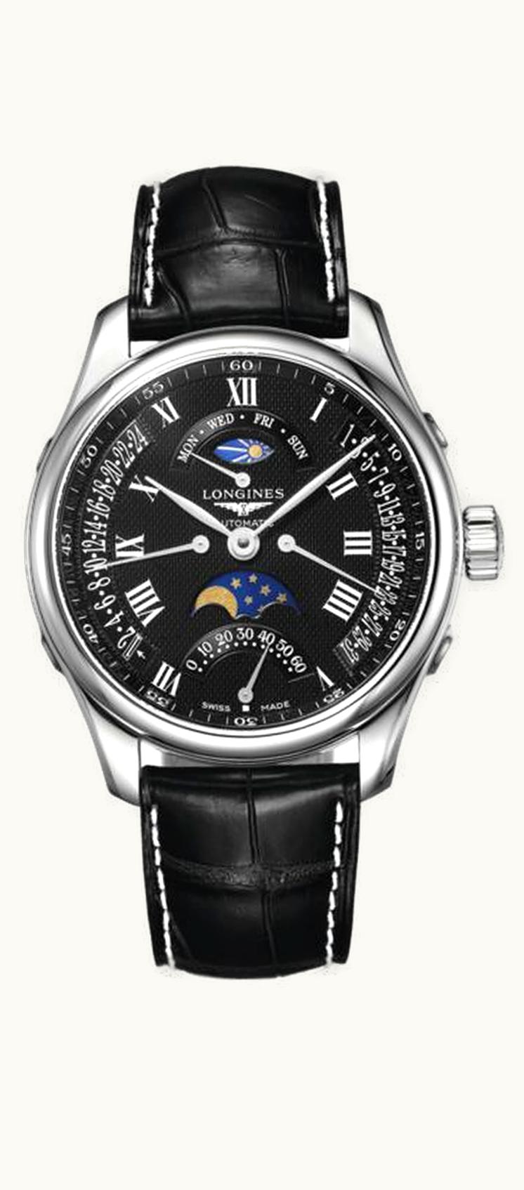 Longines Master Collection 44 Retrograde Moonphase Stainless Steel / Black-Roman / Alligator