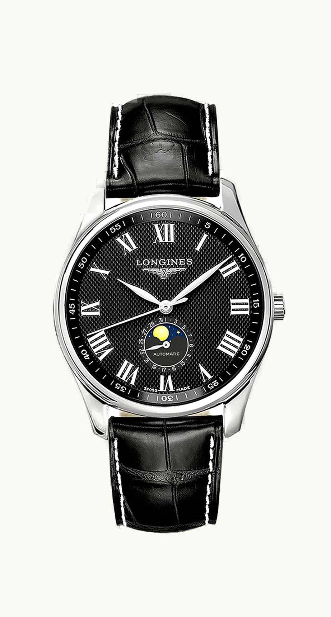 Longines Master Collection 42 Moonphase Stainless Steel / Black-Roman / Alligator