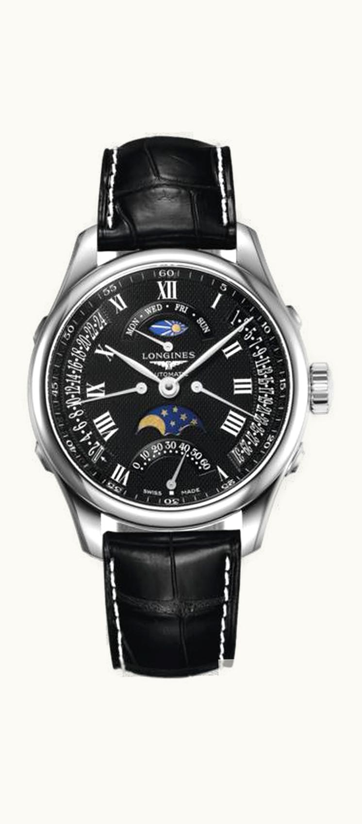 Longines Master Collection 41 Retrograde Moonphase Stainless Steel / Black Roman / Alligator