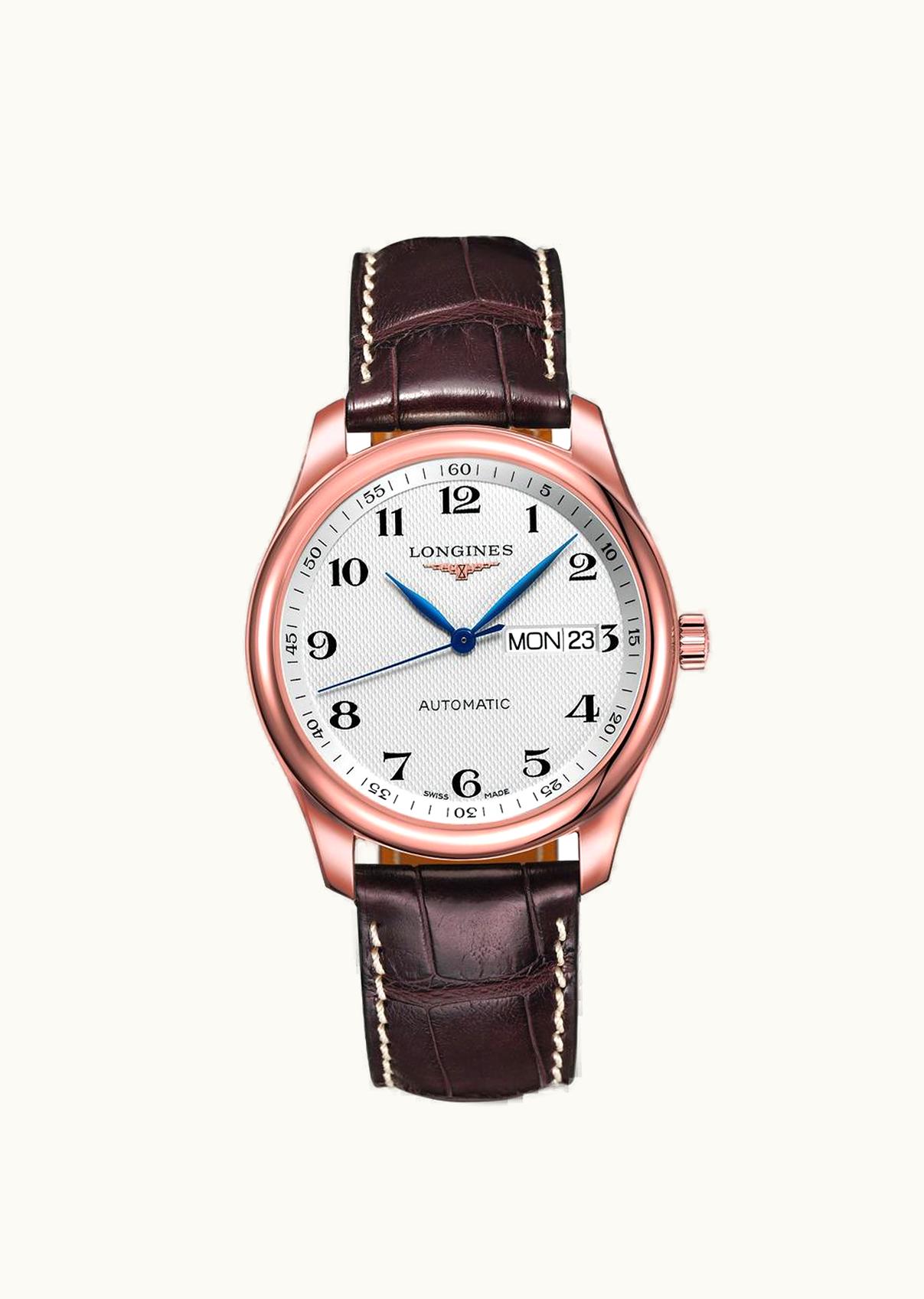 Longines Master Collection 38.5  Day Date Pink Gold / Silver-Arabic / Alligator