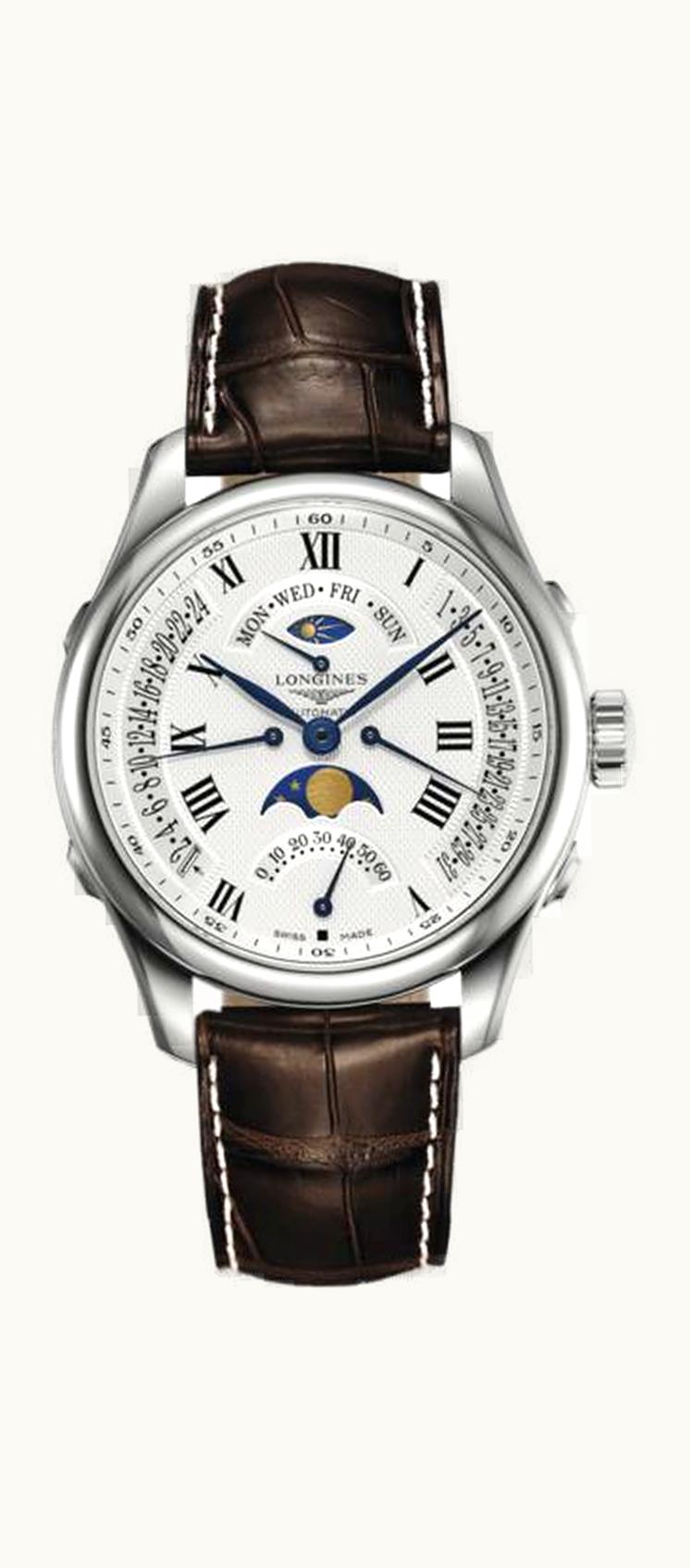Longines Master Collection 41 Retrograde Moonphase Stainless Steel / Silver-Roman / Alligator