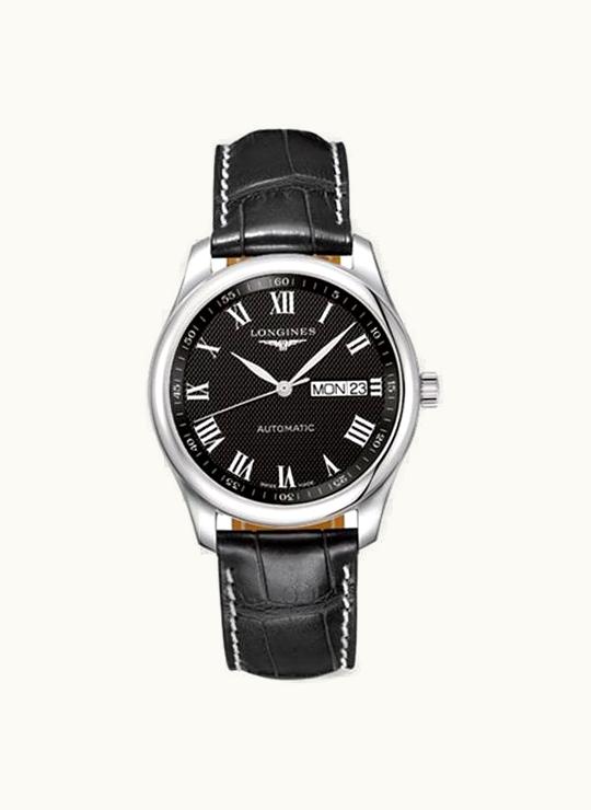 Longines Master Collection 38.5 Day Date Stainless Steel / Black-Roman / Alligator