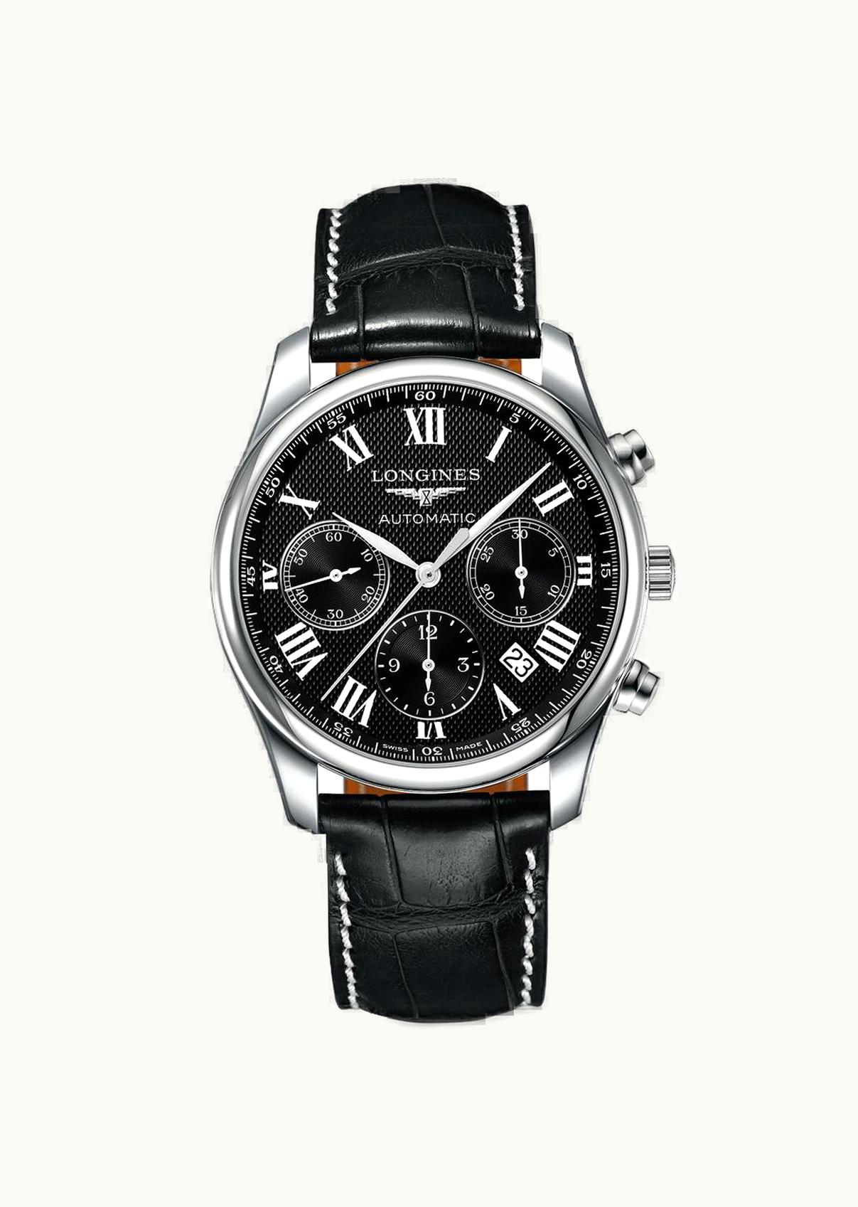 Longines Master Collection 42 Chronograph Stainless Steel / Black-Roman / Alligator