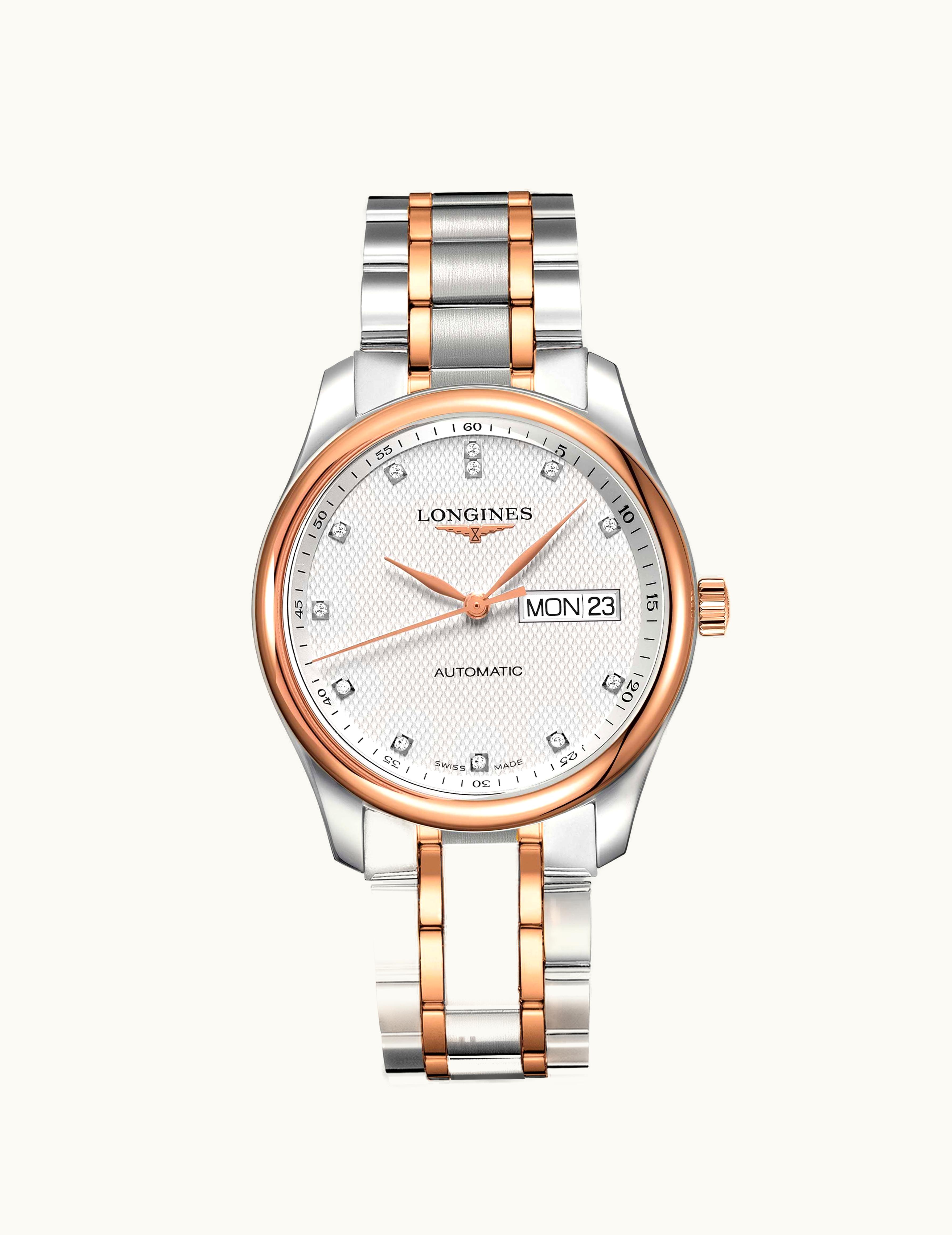 Longines Master Collection 38.5 Day Date Stainless Steel / Pink Gold / Silver-Diamond / Bracelet
