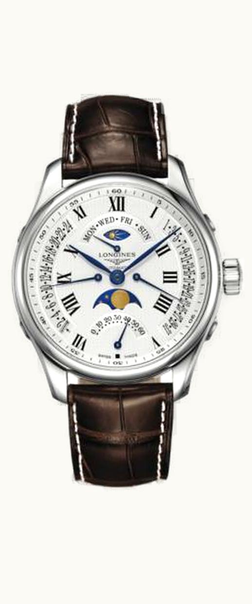 Longines Master Collection 44 Retrograde Moonphase Stainless Steel / Silver-Roman / Alligator XL