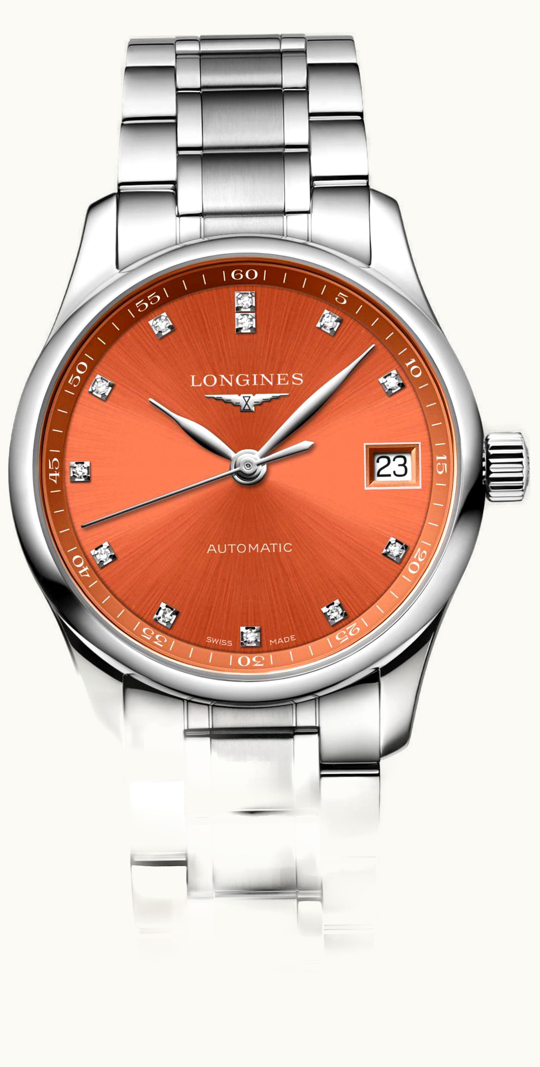Longines Master Collection Date 34 Stainless Steel / Orange - Diamond / Bracelet