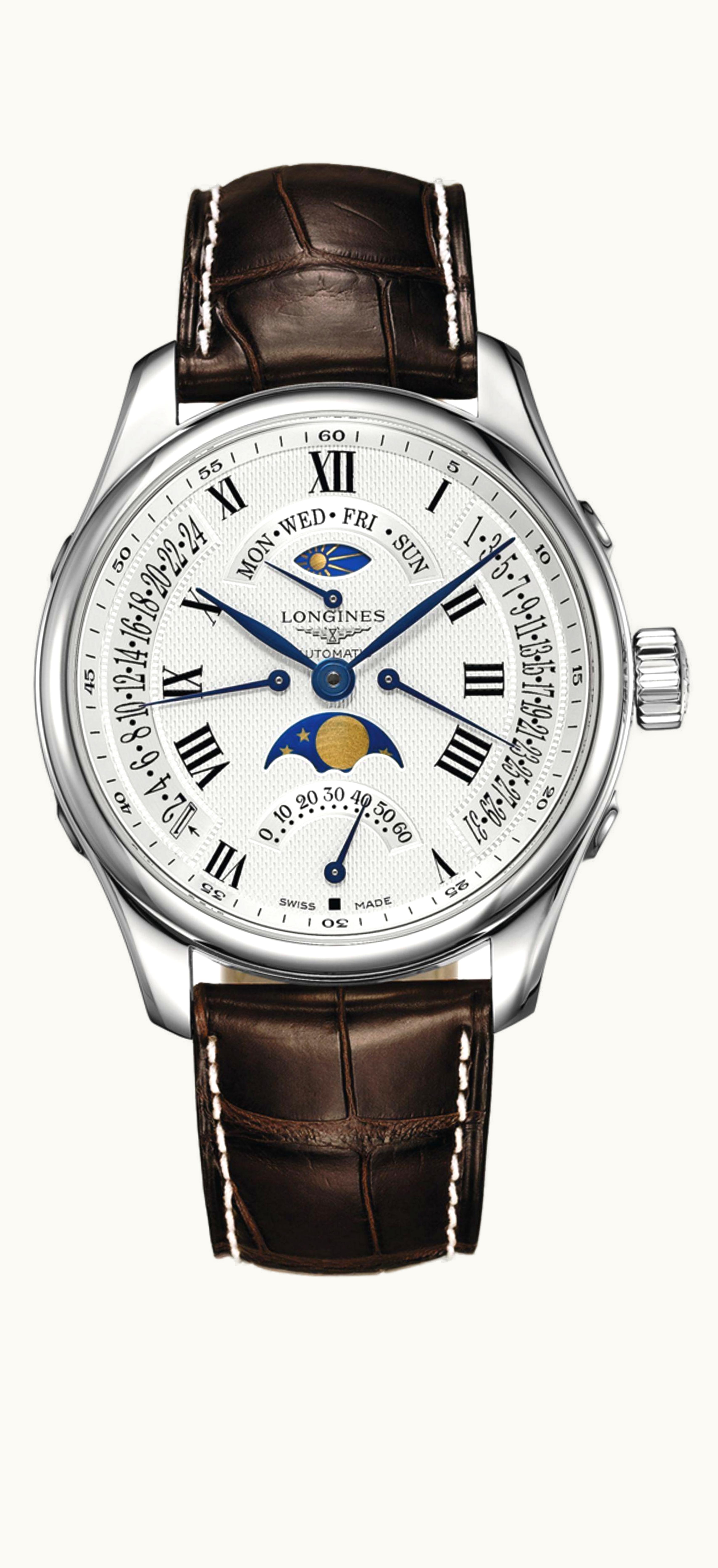Longines Master Collection 44 Retrograde Moonphase Stainless Steel / Silver-Roman / Alligator