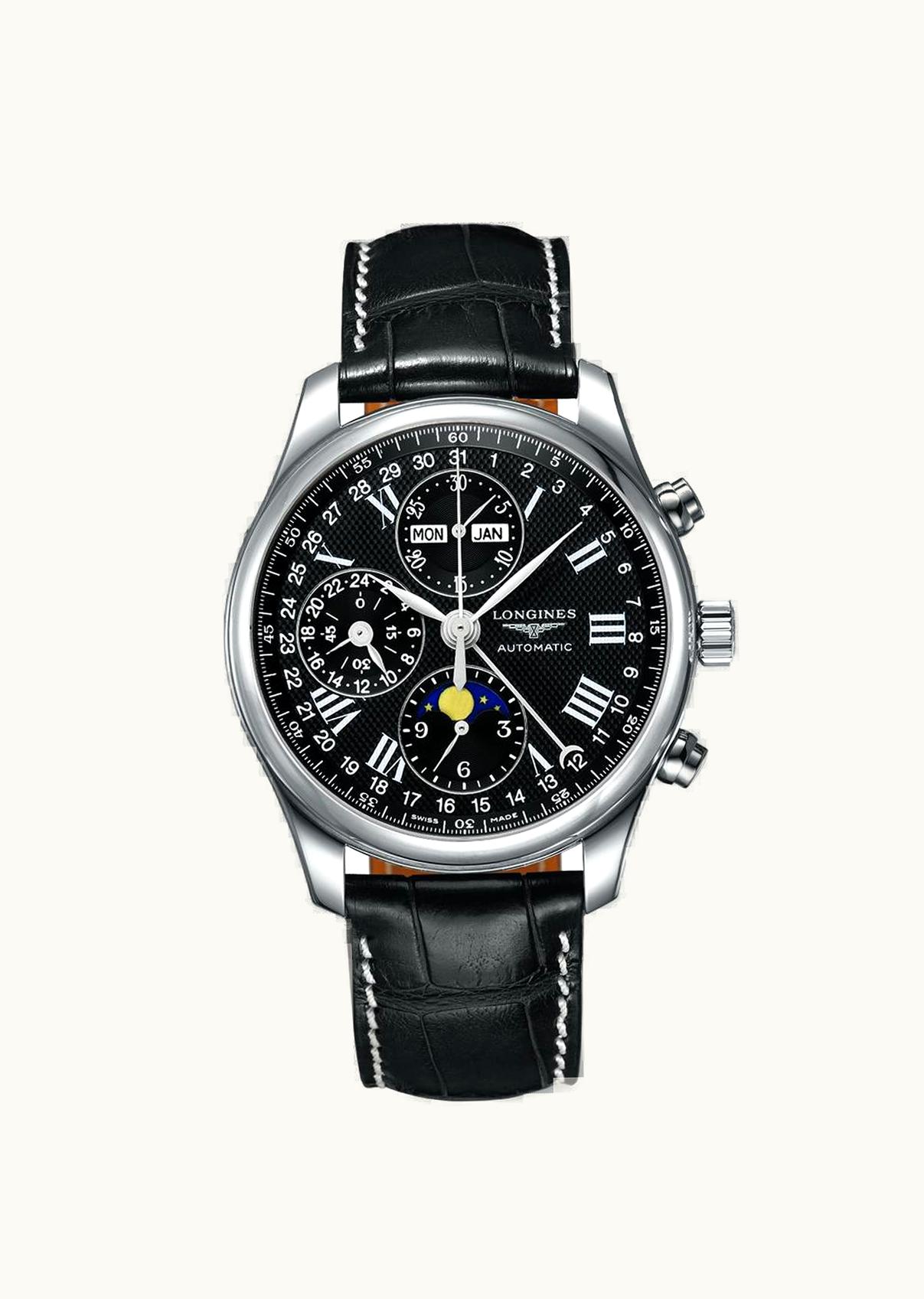 Longines Master Collection 42 Chronograph Calendar Stainless Steel / Black-Roman / Alligator