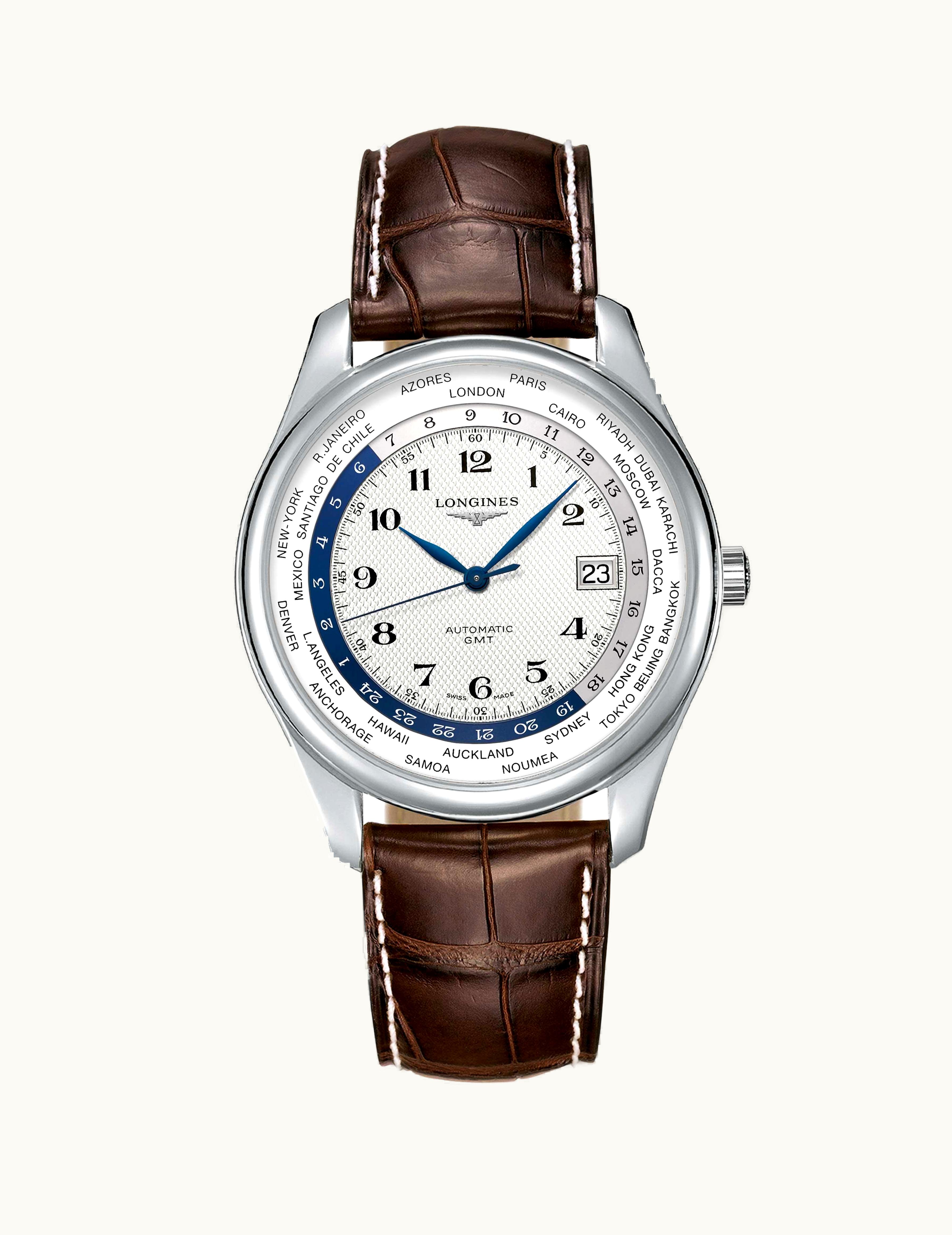 Longines Master Collection 42 World Time Stainless Steel / Silver-Arabic / Alligator