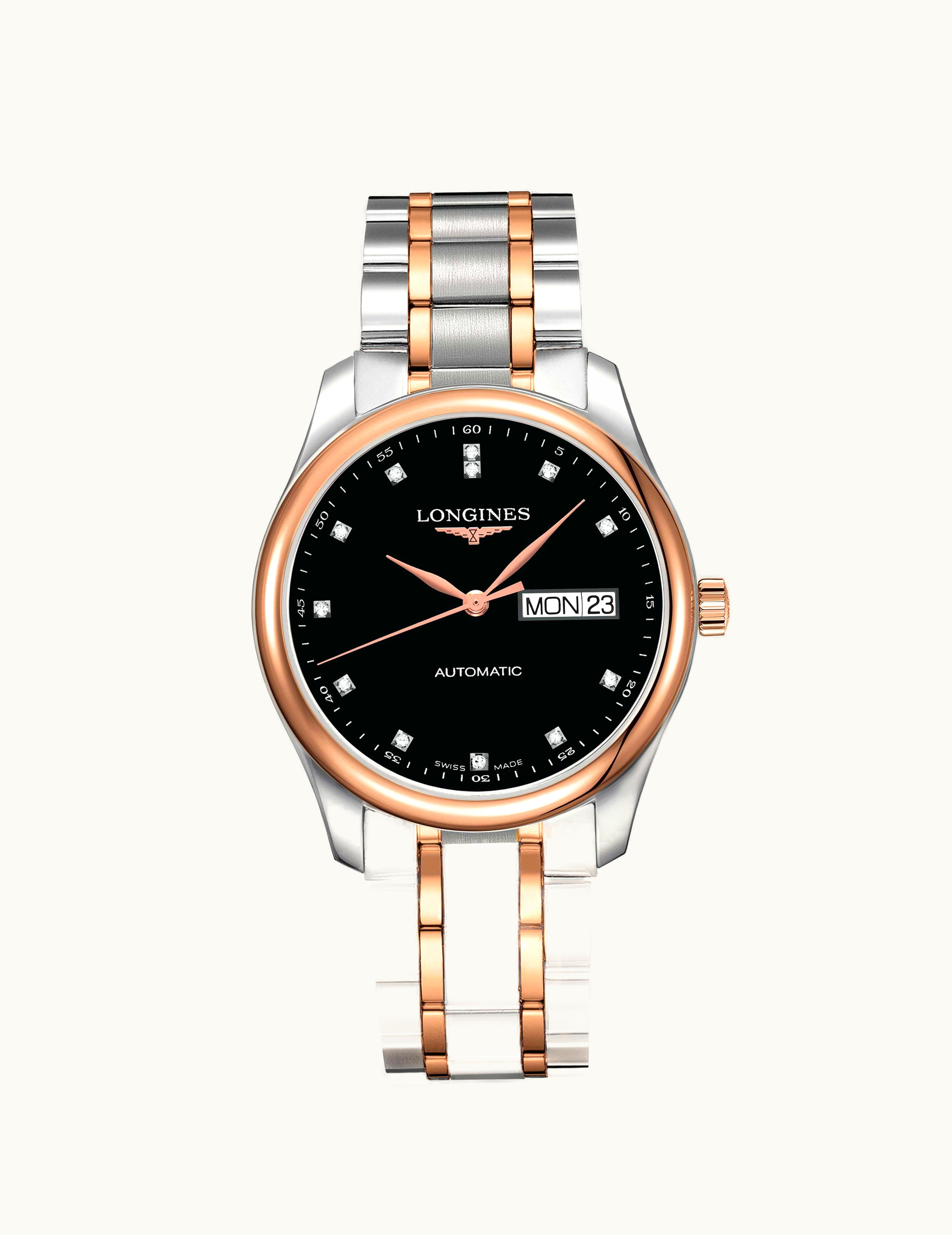 Longines Master Collection 38.5 Day Date Stainless Steel / Pink Gold / Black-Diamond / Bracelet
